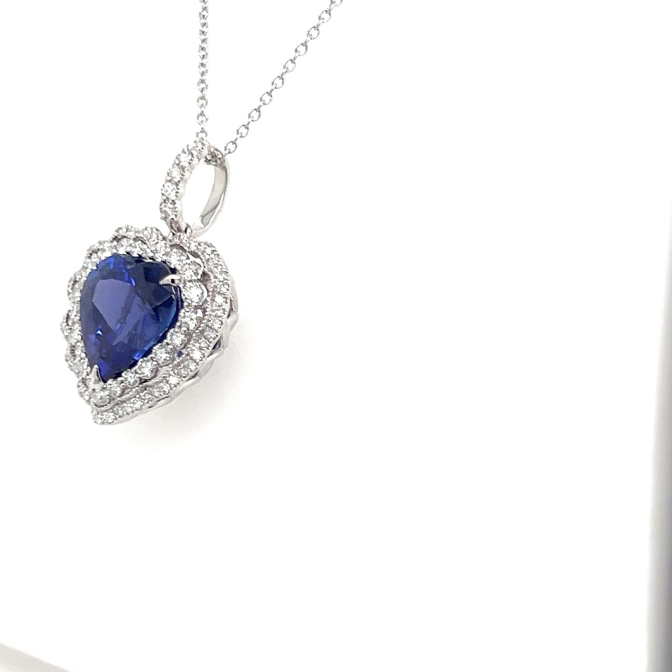 7.95 Carat Tanzanite Heart Cut Diamond Pendant Necklace In New Condition For Sale In Trumbull, CT