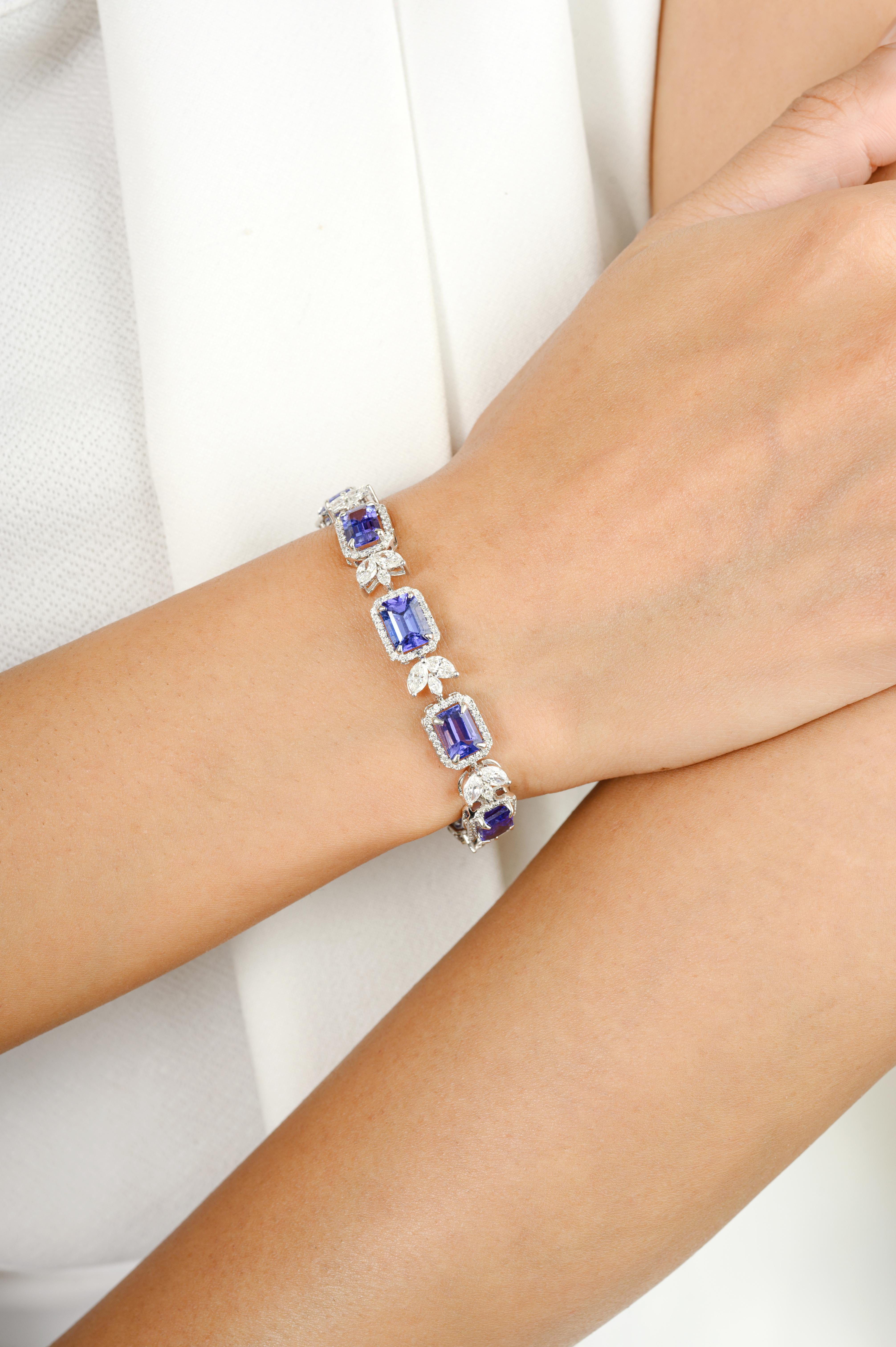 This 7.95 CTW Genuine Tanzanite Diamond Engagement Bracelet in 18K gold showcases 7.95 carats endlessly sparkling natural tanzanite and 3.05 carats of diamonds. It measures 7 inches long in length. 
Tanzanite brings energy, calmness and happiness