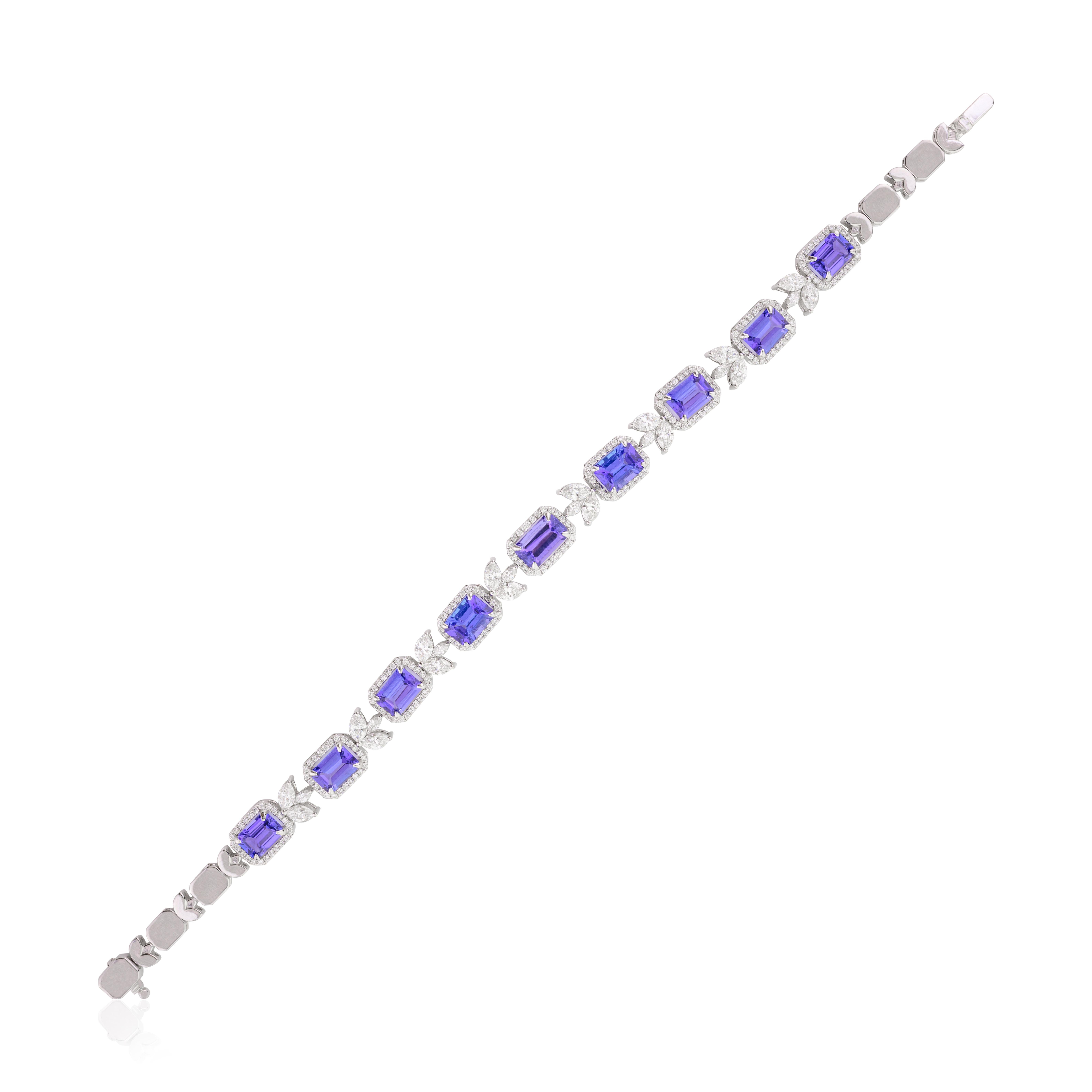 Art Deco 7.95 CTW Genuine Tanzanite Diamond Engagement Bracelet in 18k White Gold For Sale