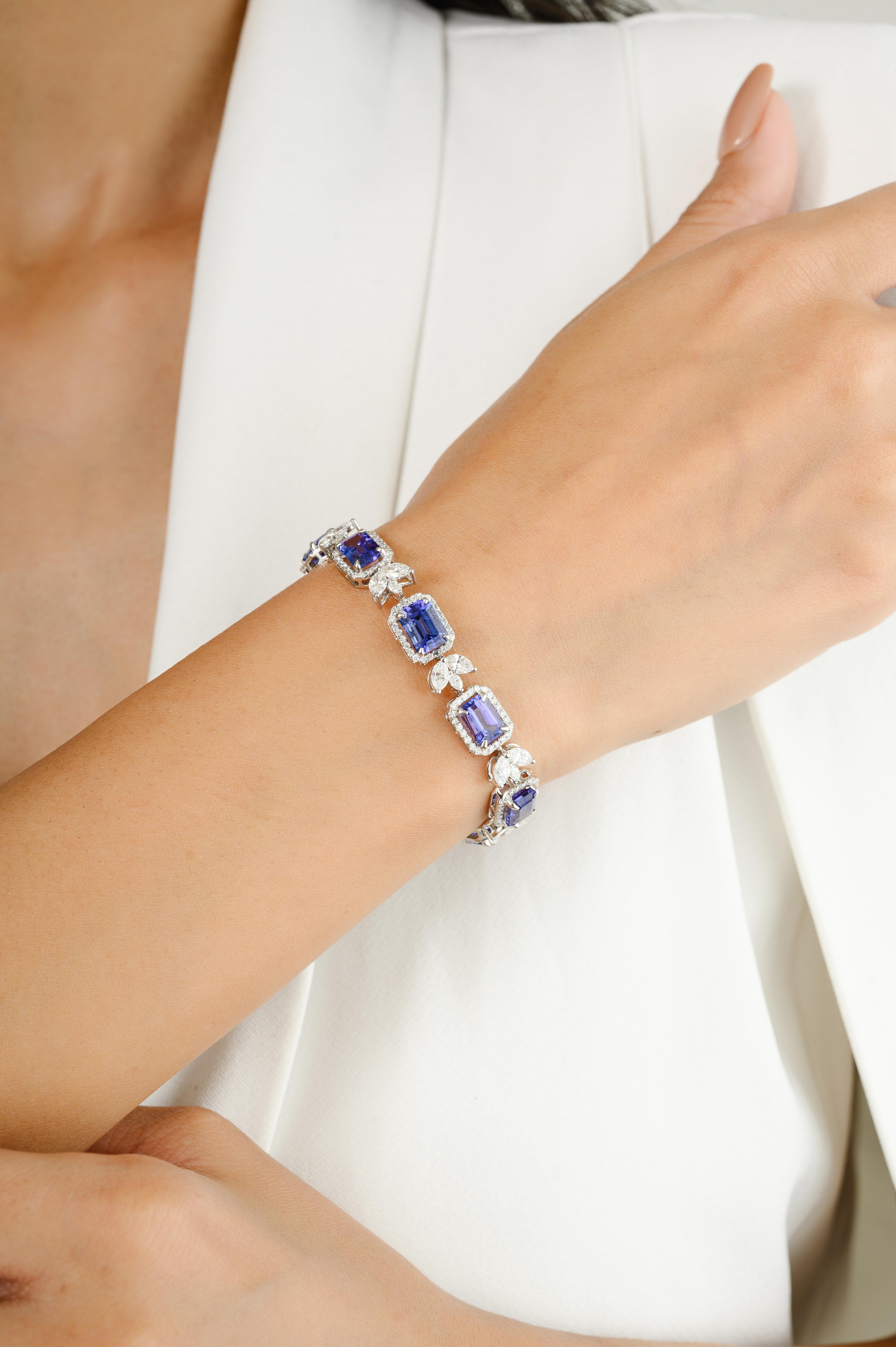 Octagon Cut 7.95 CTW Genuine Tanzanite Diamond Engagement Bracelet in 18k White Gold For Sale
