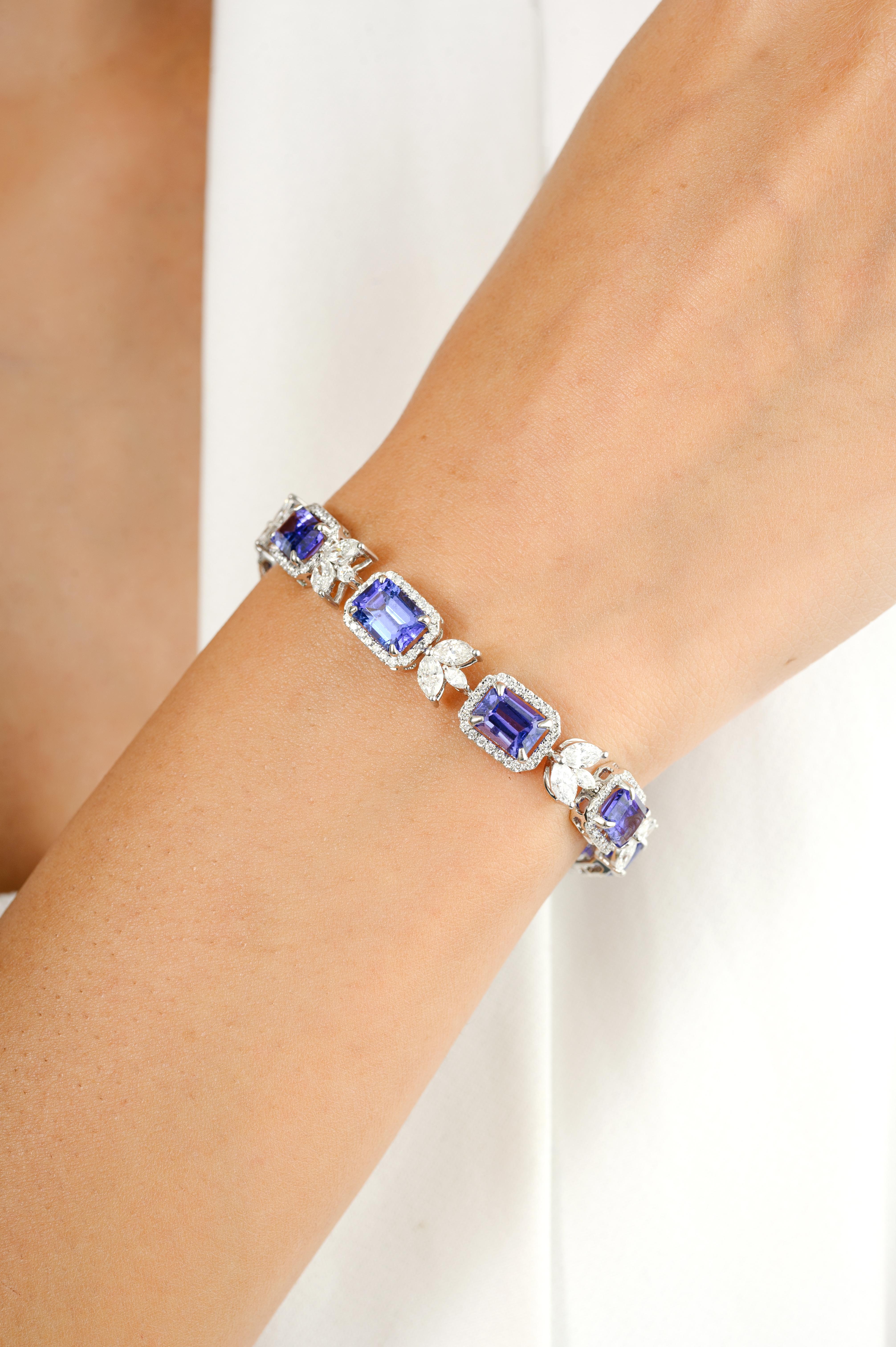 Women's 7.95 CTW Genuine Tanzanite Diamond Engagement Bracelet in 18k White Gold For Sale