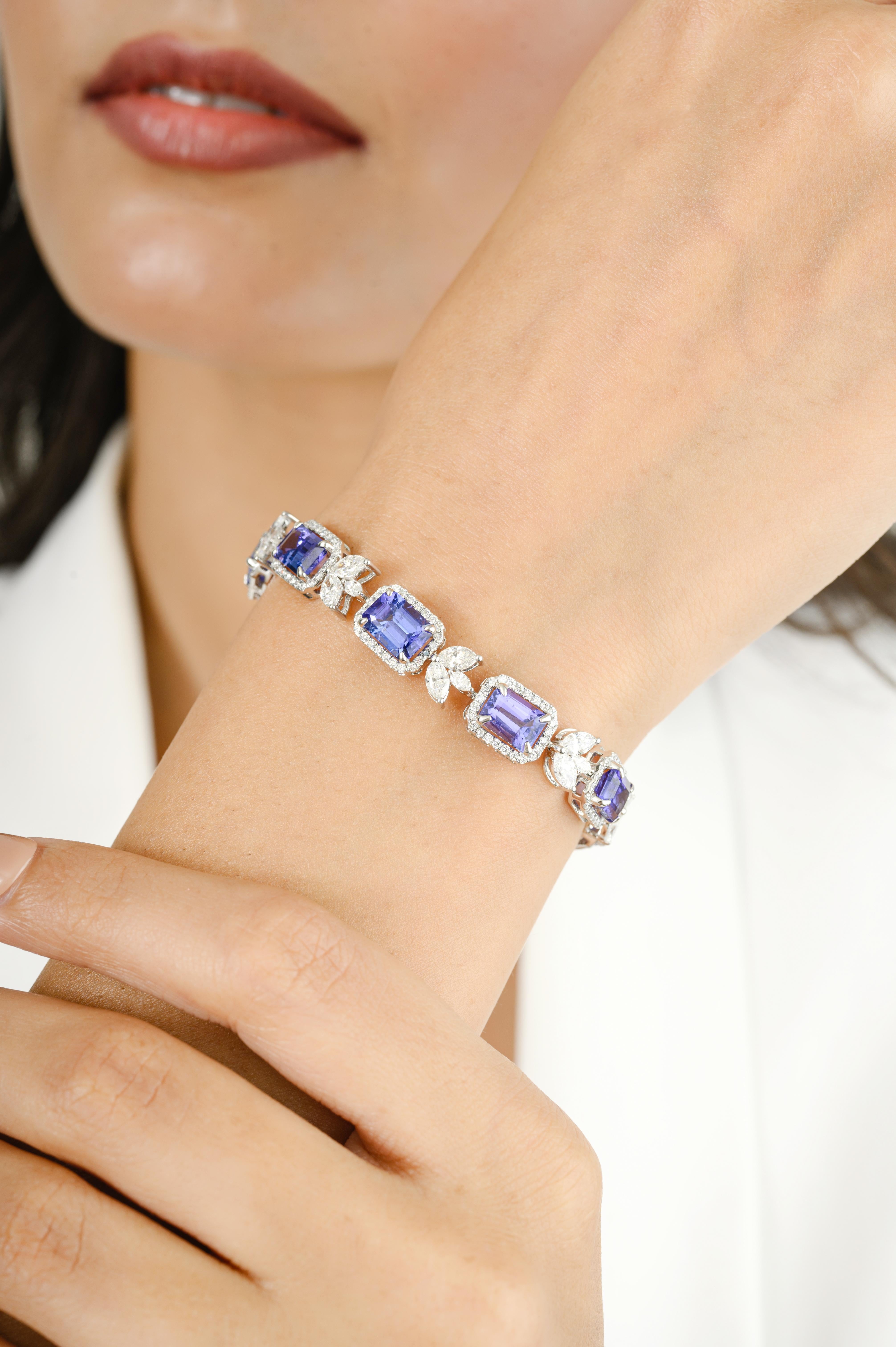 7.95 CTW Genuine Tanzanite Diamond Engagement Bracelet in 18k White Gold For Sale 2