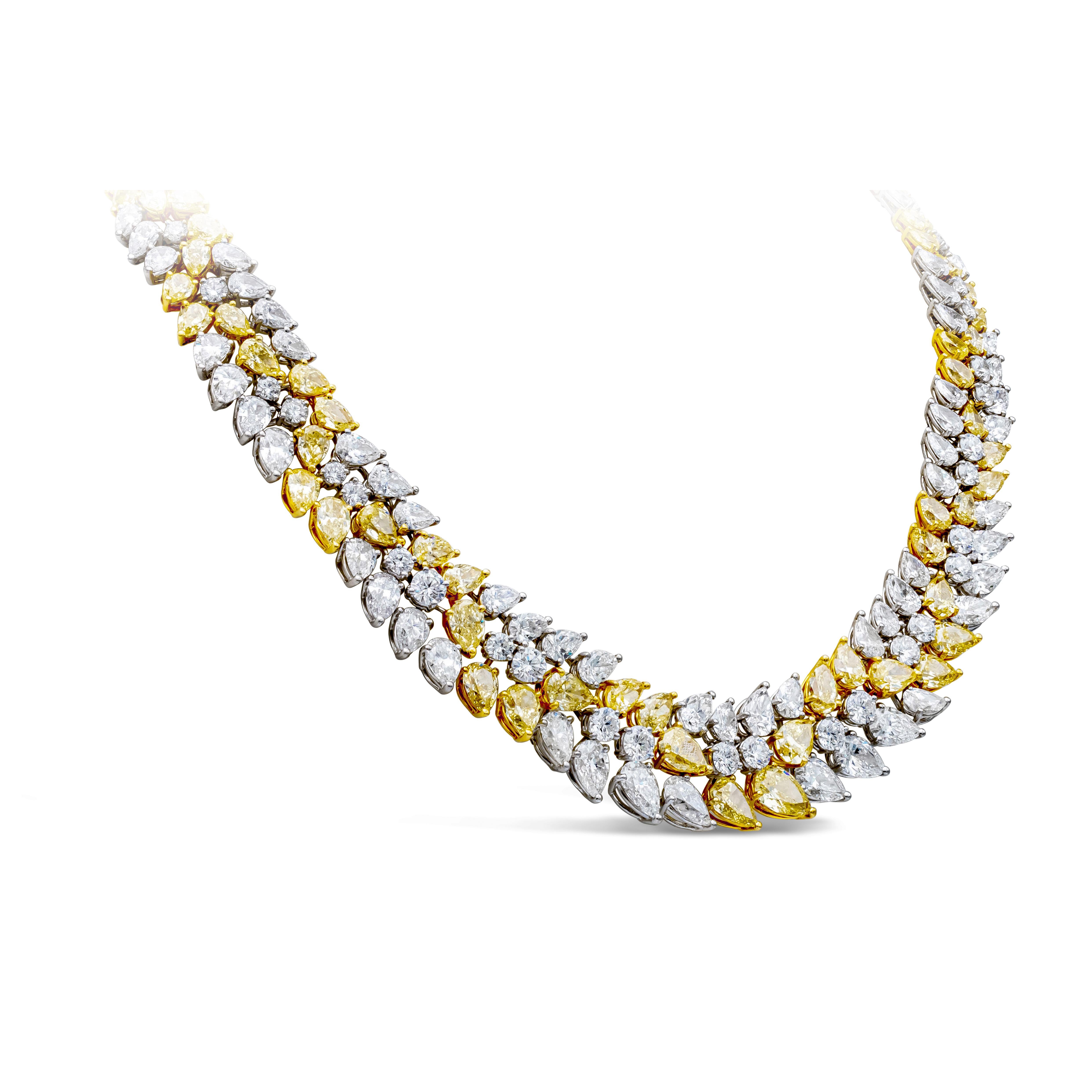 Well crafted high end necklace showcasing fancy intense yellow and white diamonds in mixed cuts. Fancy intense yellow pear shape diamonds weighs a total of 37.62 carats, VS-SI clarity. Brilliant round and pear shape white diamonds weighs a total of