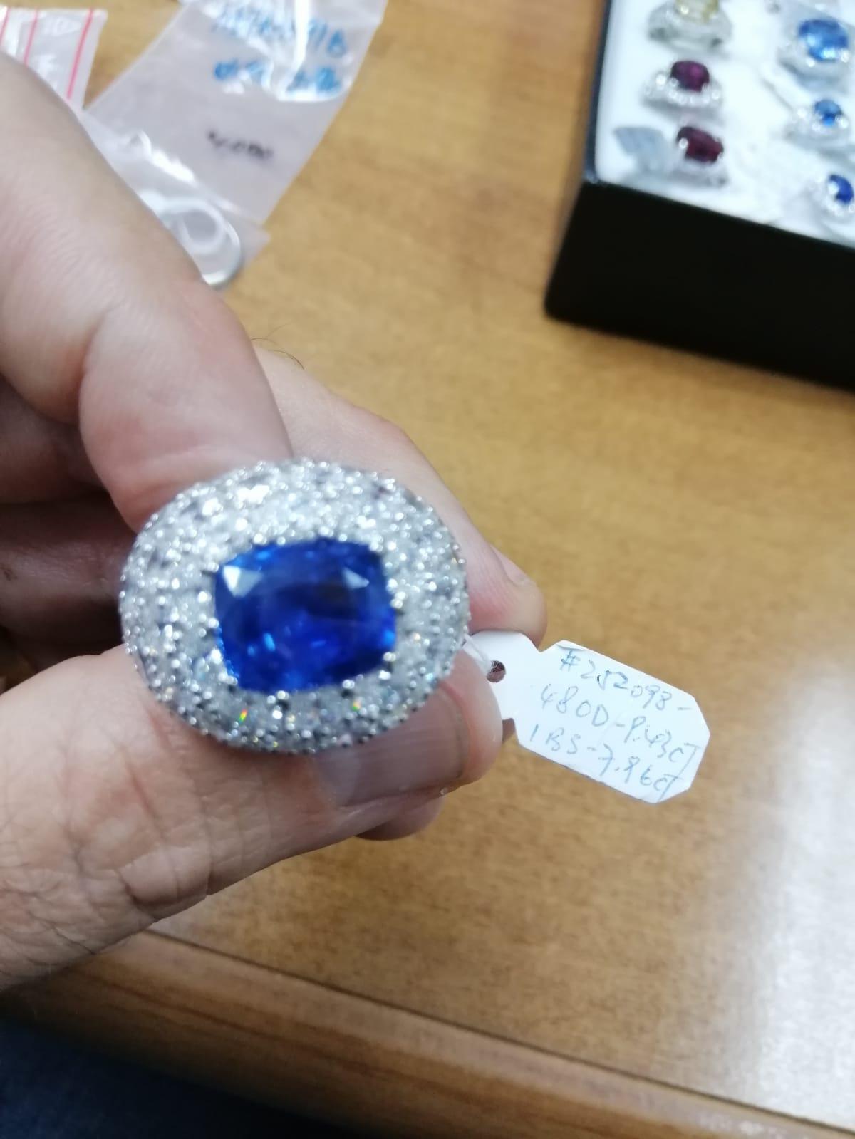 Art Deco 7.96 Carat Royal Blue Sapphire GRS Certified Unheated Diamond Ceylon Ring Oval