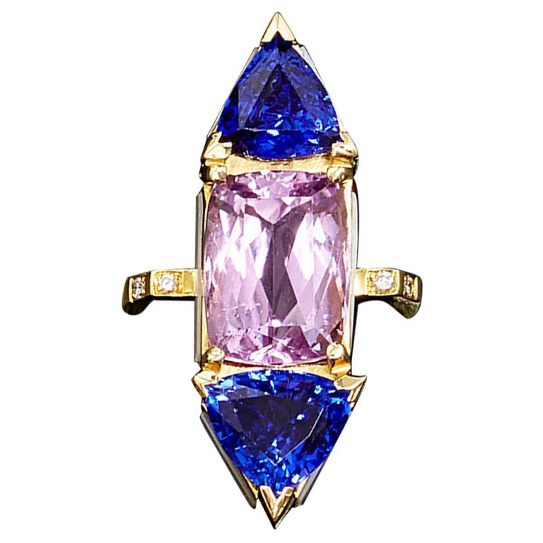 MAIKO NAGAYAMA 7.96 Carat Natural Kunzite, Tanzanite with Diamond Cocktail Ring For Sale