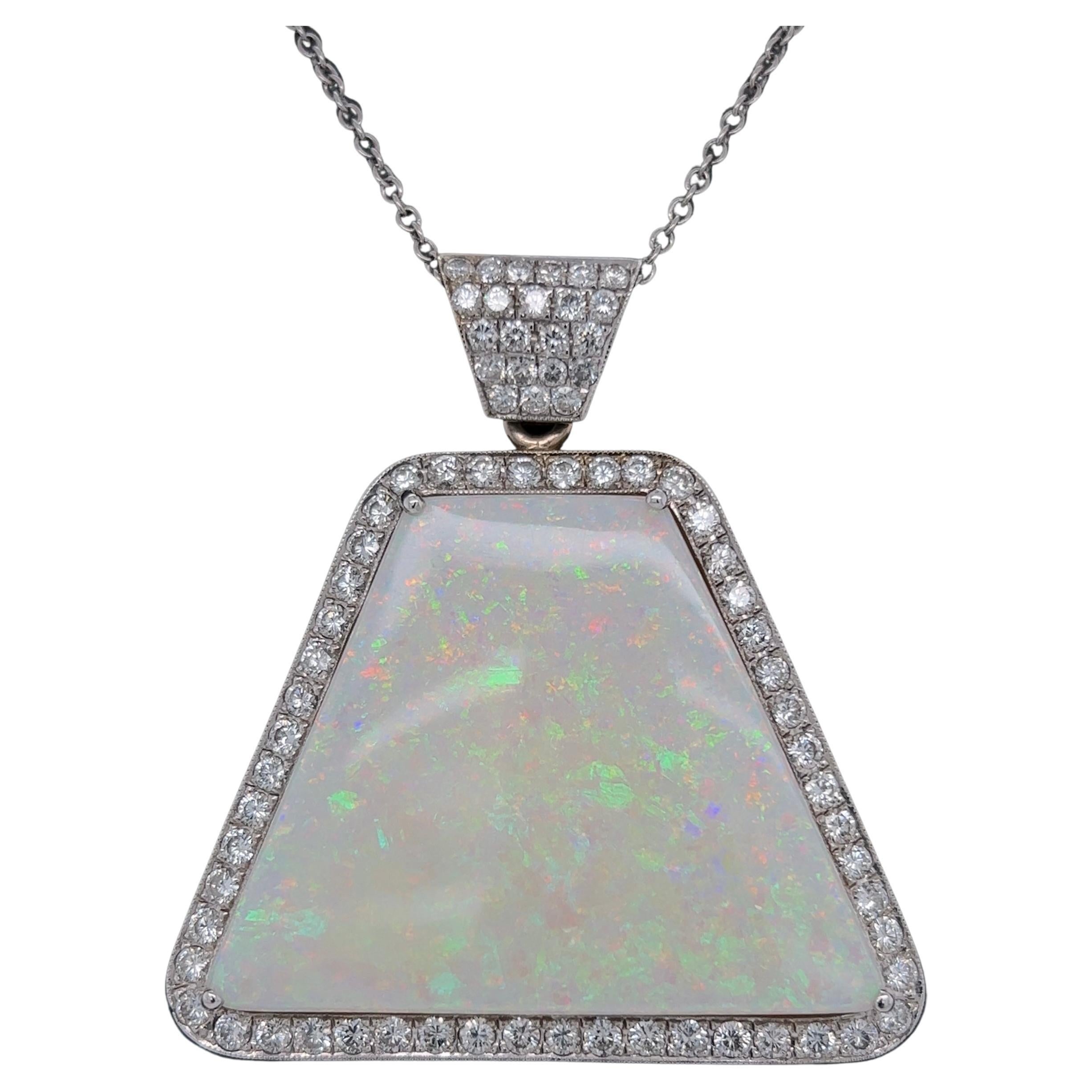 79.63 Carat Trapezoid Australian Opal and Diamond Gold Pendant Necklace Estate For Sale