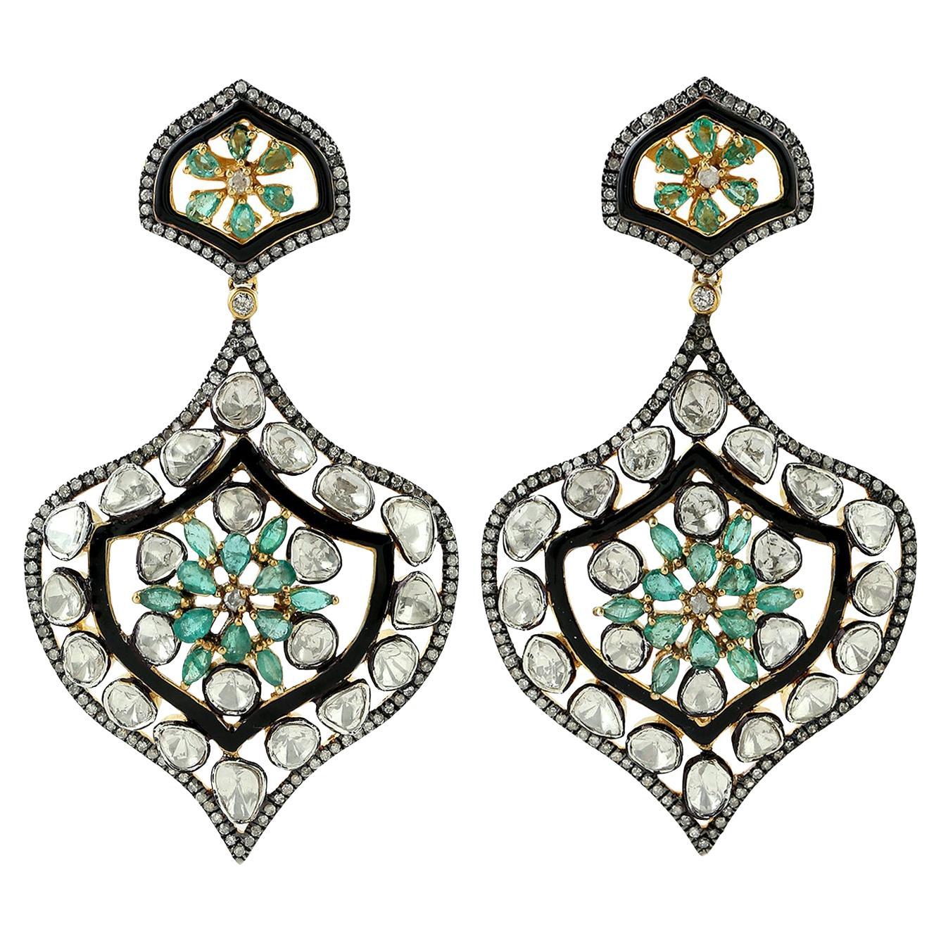 7.96ct Rose Cut Diamonds & Emerald Added To Spinning Top Shaped Dangle Earrings