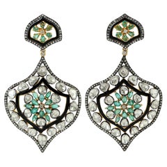 7.96ct Rose Cut Diamonds & Emerald Added To Spinning Top Shaped Dangle Earrings