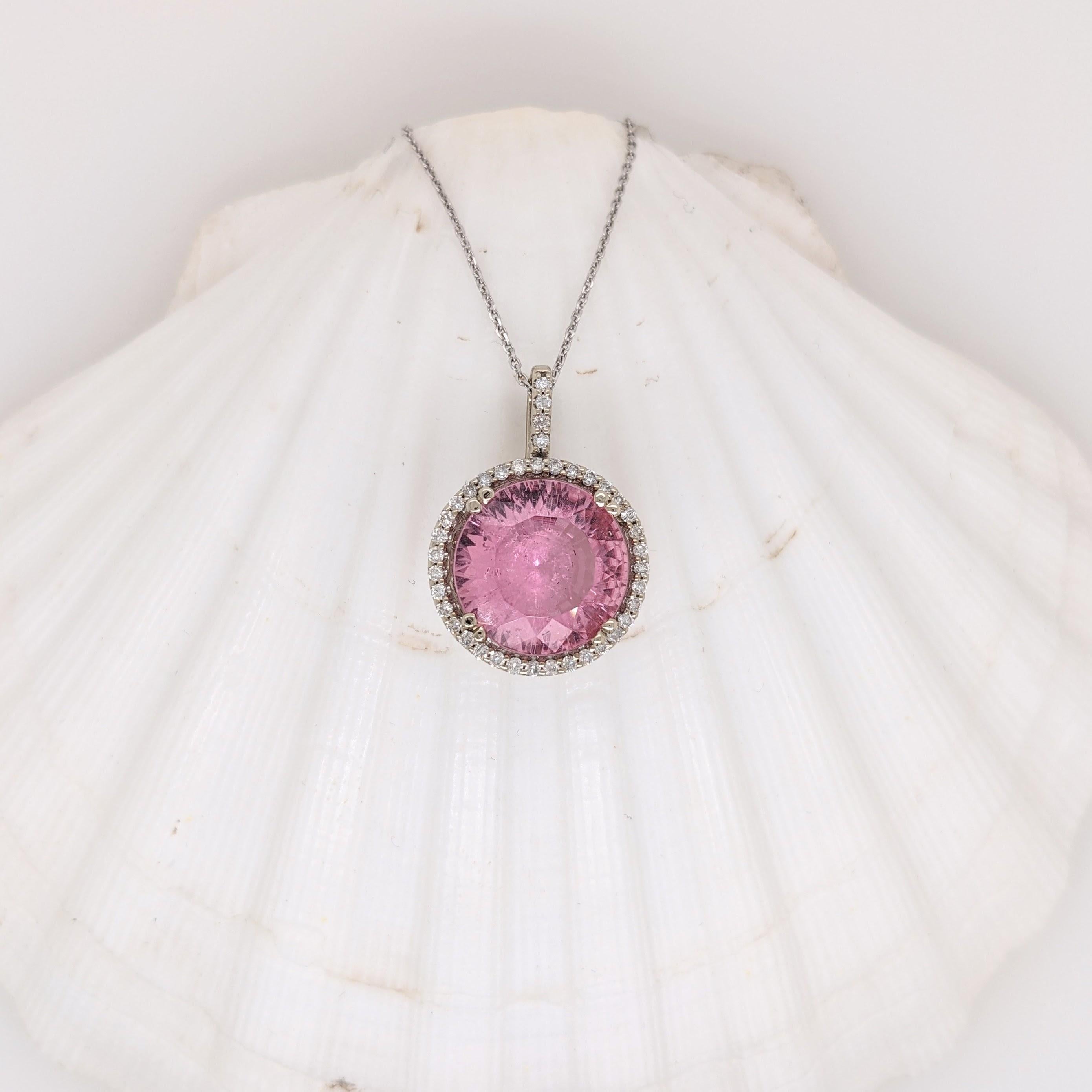 7.96ct Tourmaline Pendant w Diamond Halo in Solid 14K White Gold Round 12.5mm In New Condition In Columbus, OH