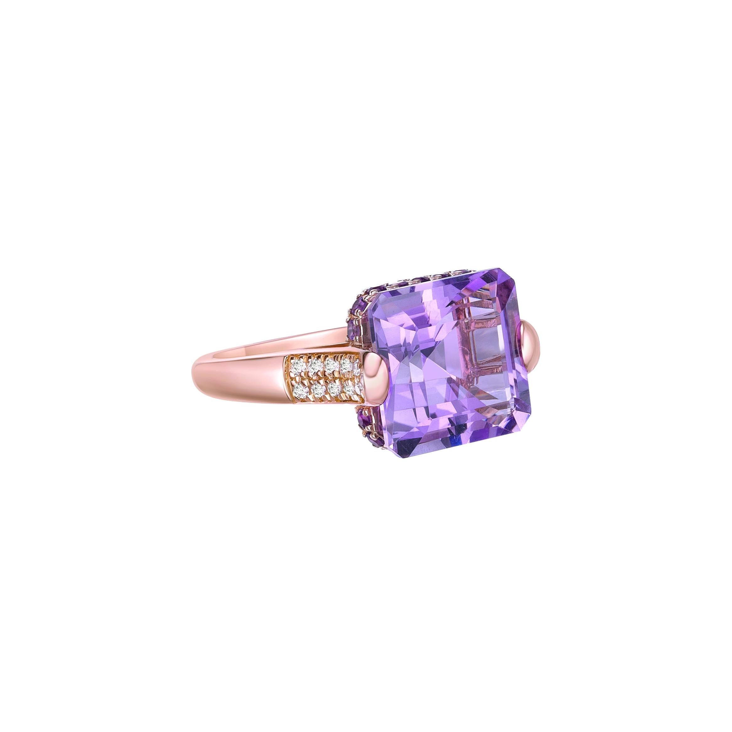 This is fancy Amethyst Ring in Octagon shape purple hue. The Ring is elegant and can be worn for many occasions. The Amethyst around the ring add to the beauty and elegance of the ring. 
  
Amethyst Fancy Ring in 18Karat Rose Gold with White