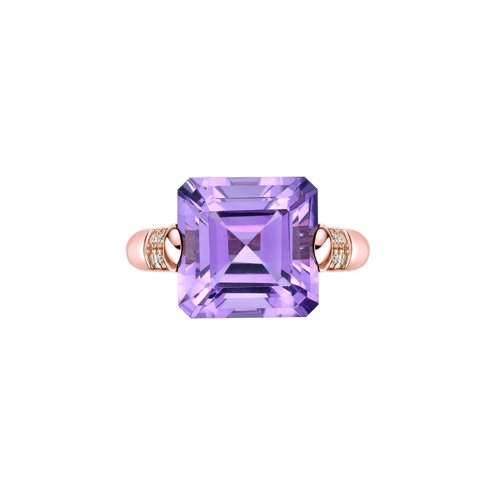 Contemporary 7.97 Carat Amethyst Fancy Ring in 18Karat Rose Gold with White Diamond. For Sale