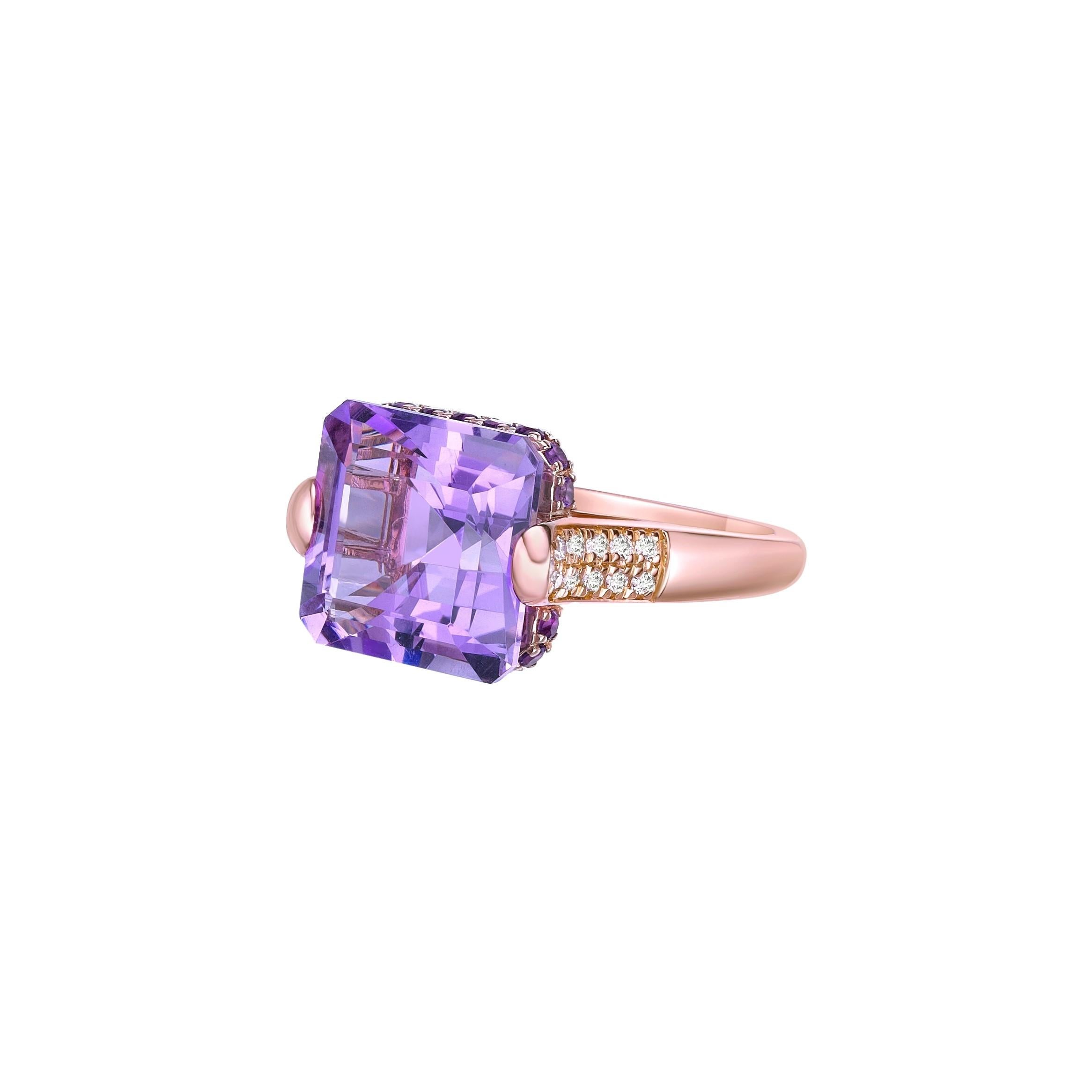 Octagon Cut 7.97 Carat Amethyst Fancy Ring in 18Karat Rose Gold with White Diamond. For Sale