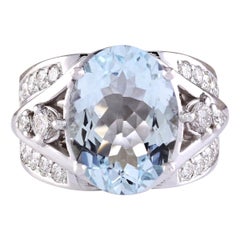 Exquisite Natural Aquamarine Diamond Ring In 14 Karat White Gold 