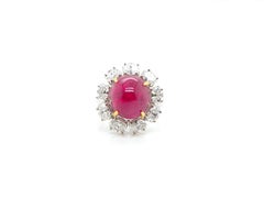 7.97 Carat GRS Certified Burma "Mogok" No Heat Ruby Cabochon and Diamond Ring