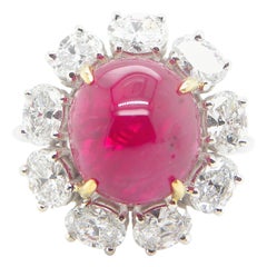7.97 Carat GRS Certified Burma "Mogok" No Heat Ruby Cabochon and Diamond Ring
