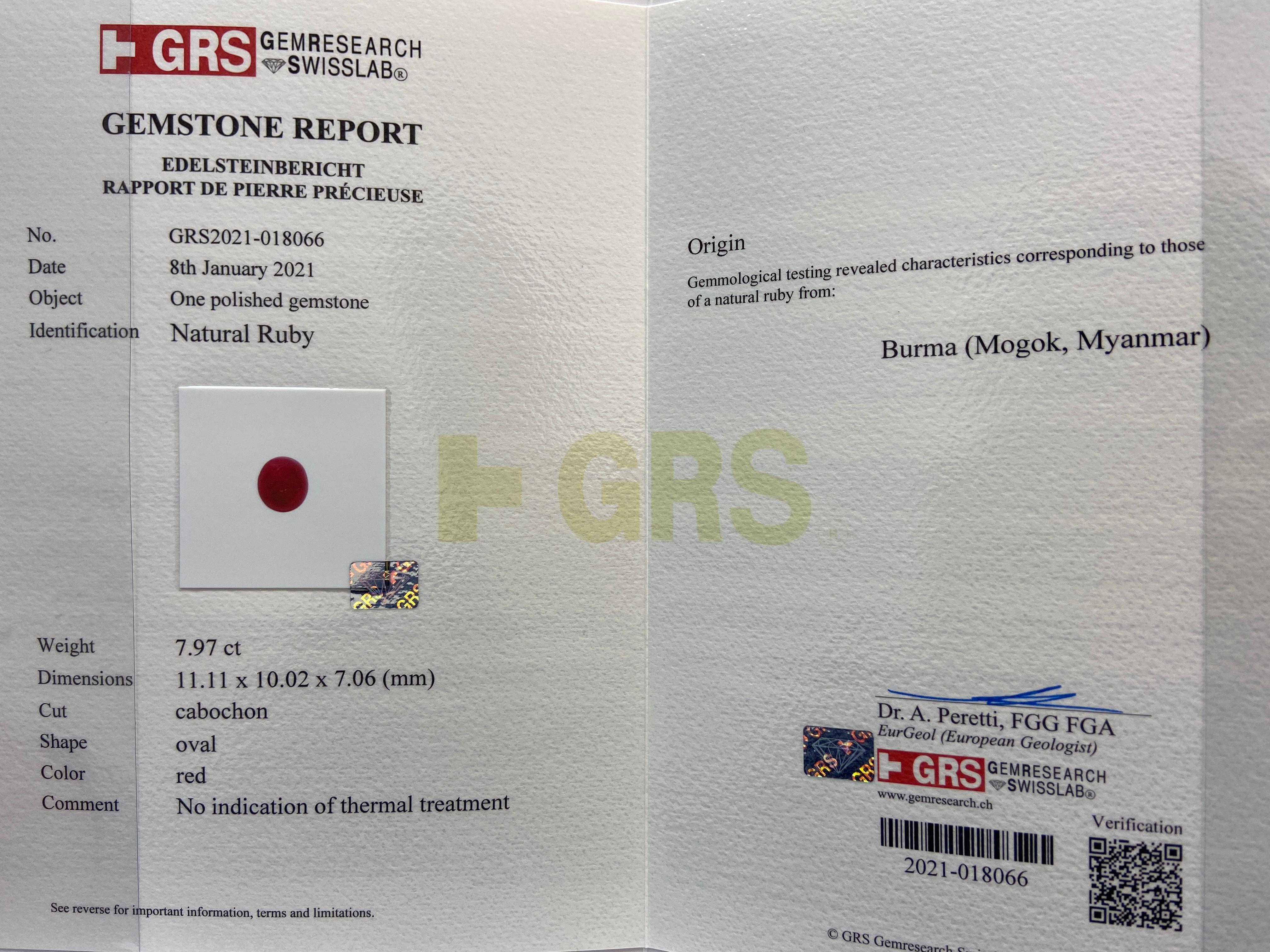 Women's or Men's 7.97 Carat GRS Certified Unheated Burmese 