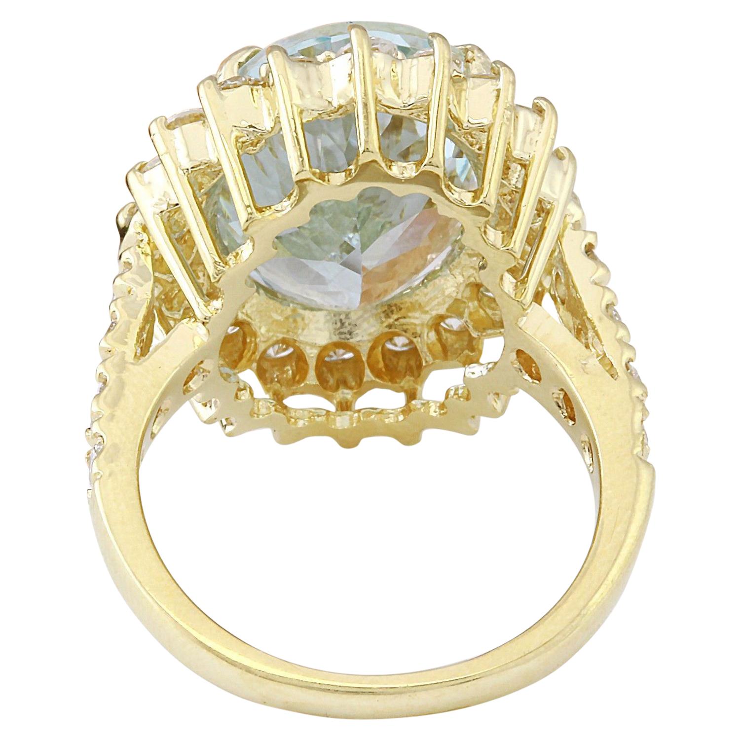 Oval Cut Aquamarine Diamond Ring In 14 Karat Solid Yellow Gold  For Sale