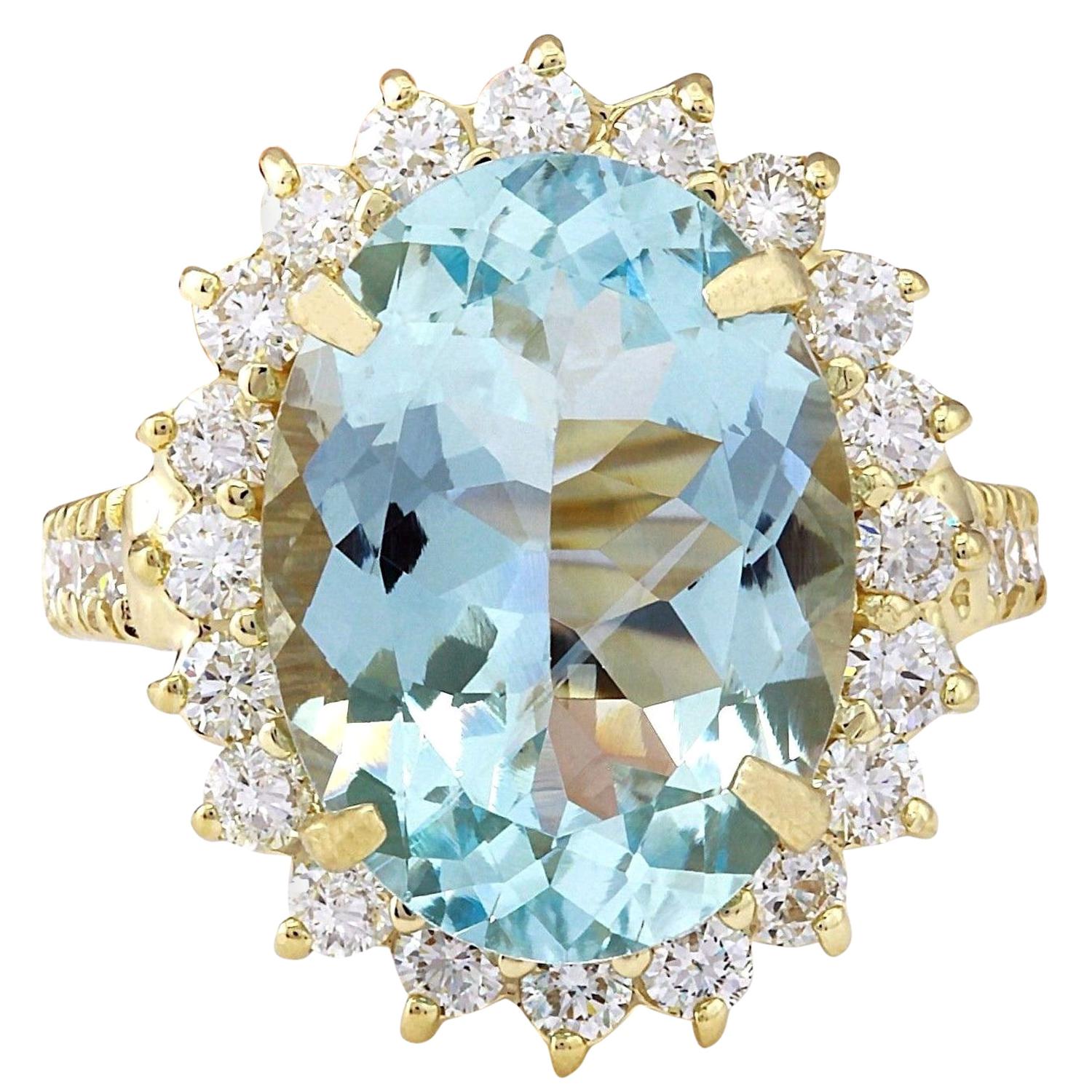 Aquamarine Diamond Ring In 14 Karat Solid Yellow Gold  For Sale