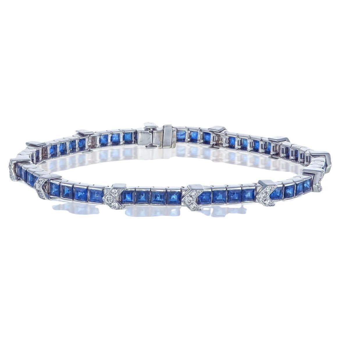 7.97 Carat Square Cut Blue Sapphire Bracelet with Diamonds in 18K White Gold