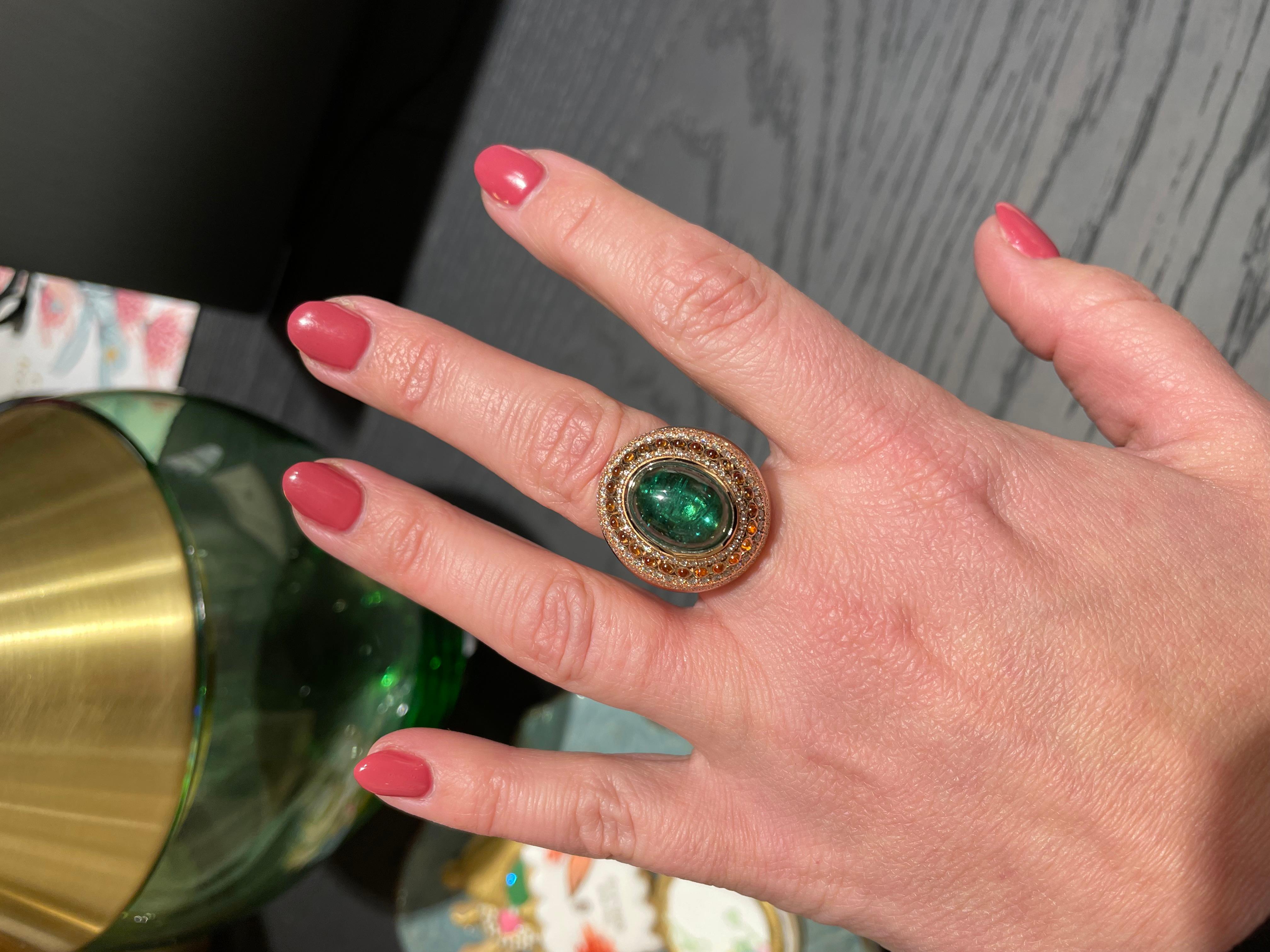 Cabochon 7.97Ct Green Tourmaline & Garnet 18K Rose Gold Cocktail Diamond Engagement Ring