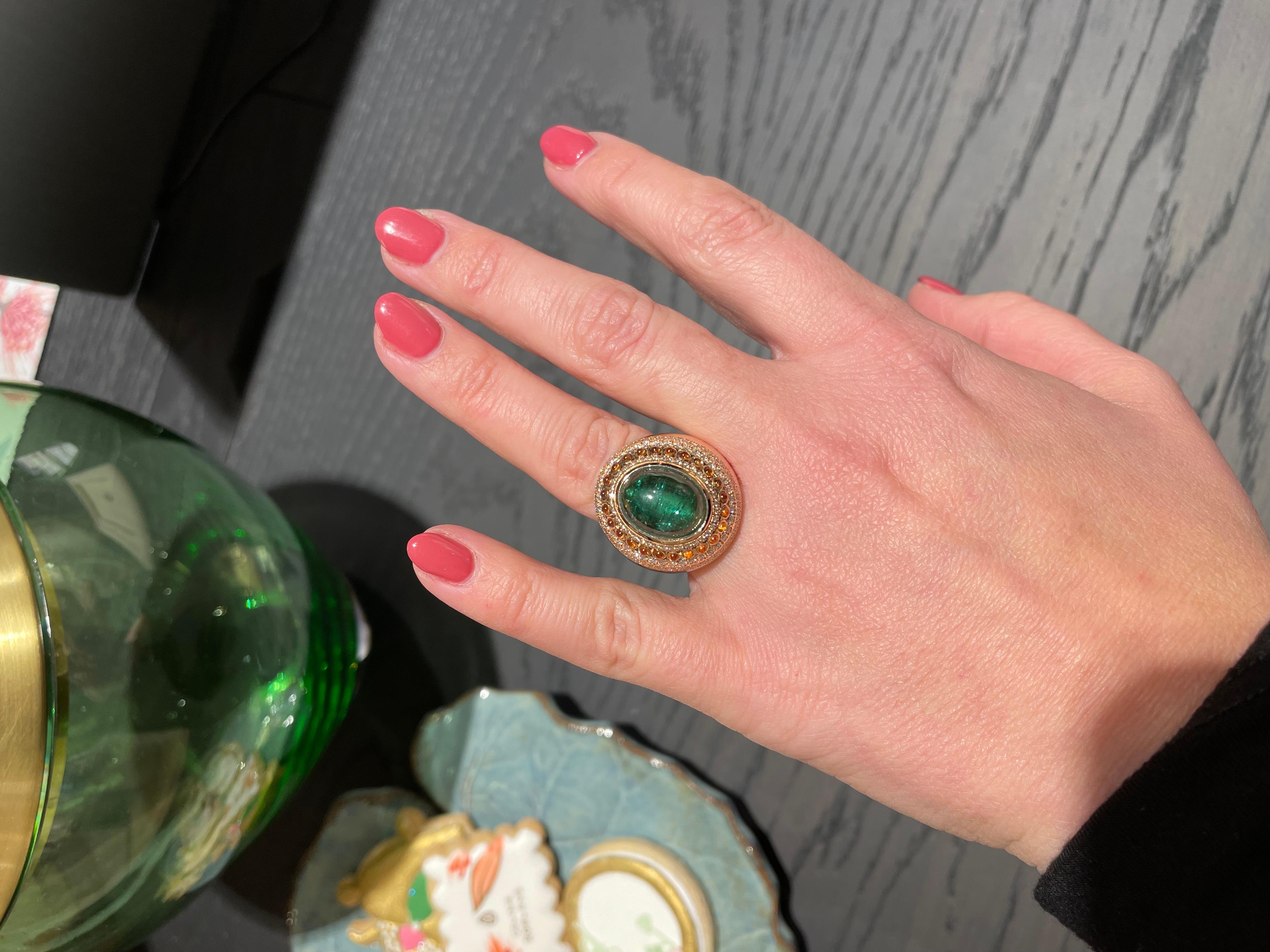 Women's or Men's 7.97Ct Green Tourmaline & Garnet 18K Rose Gold Cocktail Diamond Engagement Ring