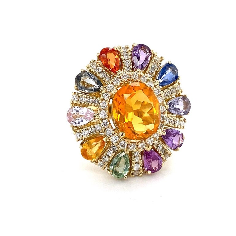 Oval Cut 7.98 Carat Natural Fire Opal Sapphire Diamond Yellow Gold Cocktail Ring For Sale