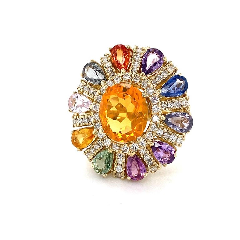 7.98 Carat Natural Fire Opal Sapphire Diamond Yellow Gold Cocktail Ring In New Condition For Sale In Los Angeles, CA