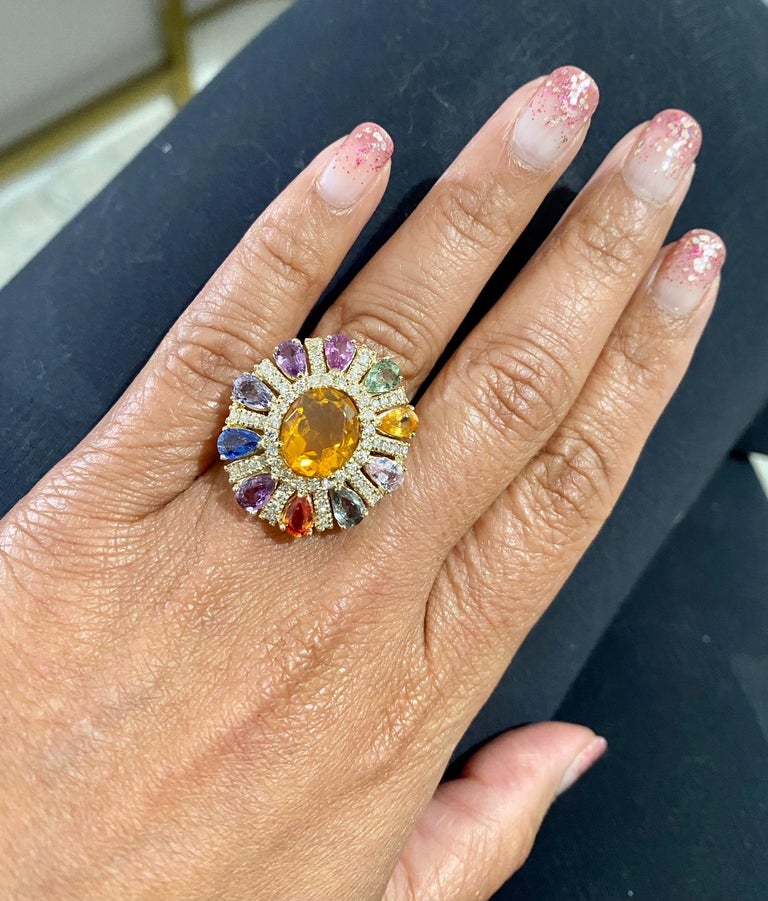 7.98 Carat Natural Fire Opal Sapphire Diamond Yellow Gold Cocktail Ring For Sale 1