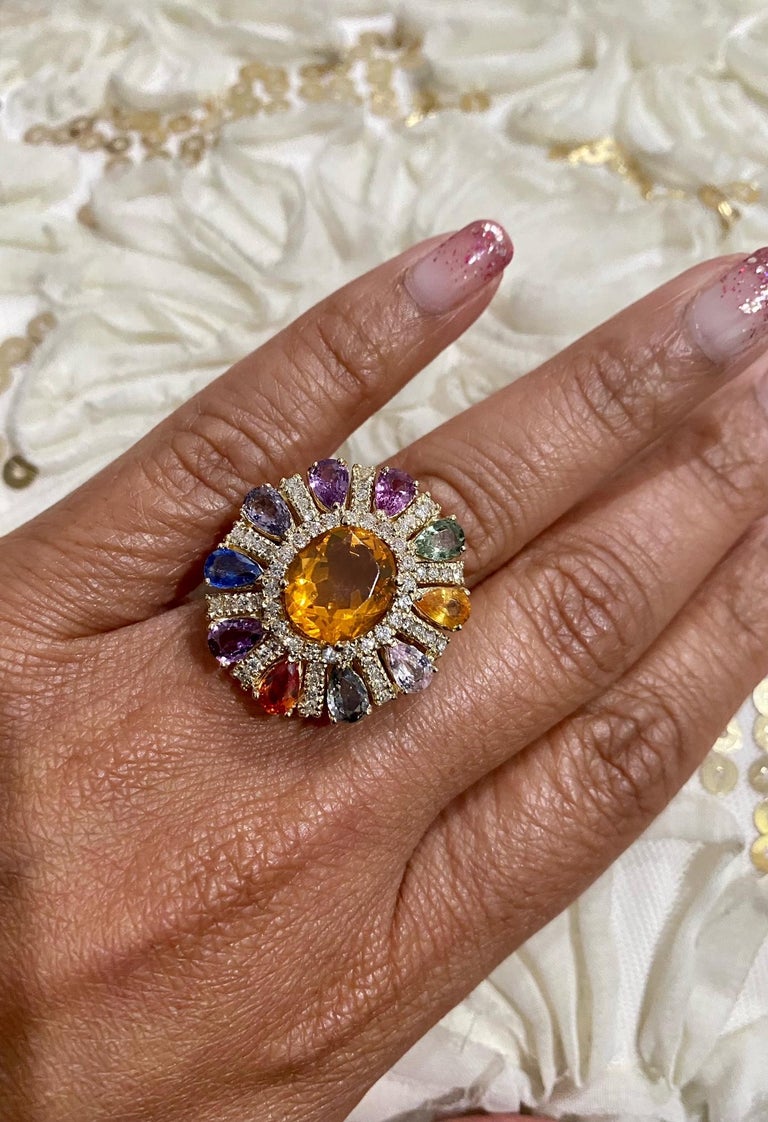 7.98 Carat Natural Fire Opal Sapphire Diamond Yellow Gold Cocktail Ring For Sale 3