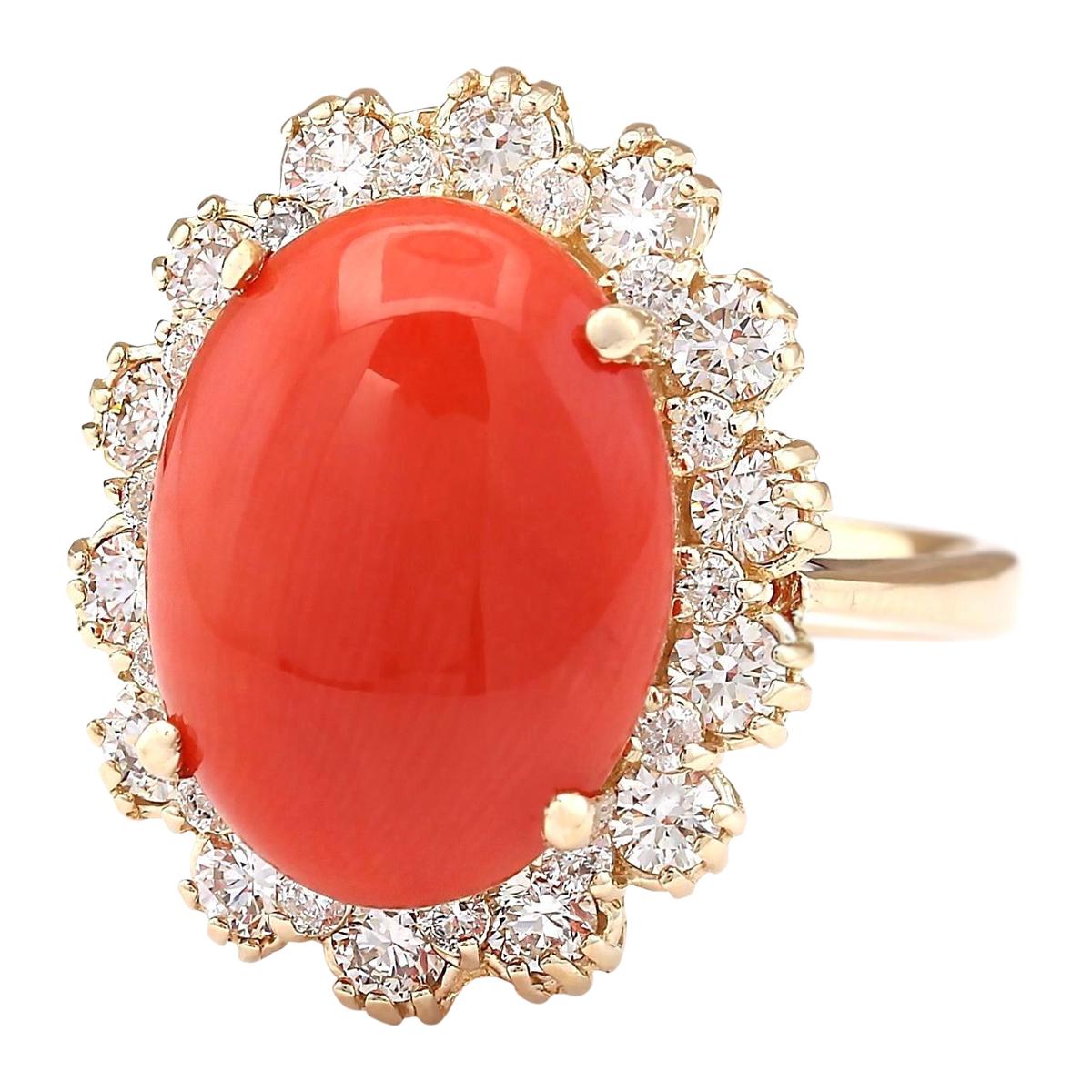 Stamped: 18K Yellow Gold
Total Ring Weight: 7.3 Grams
Ring Length: N/A
Ring Width: N/A
Gemstone Weight: Total Natural Coral Weight is 6.88 Carat (Measures: 15.57x11.75 mm)
Color: Red
Diamond Weight: Total Natural Diamond Weight is 1.10 Carat
Color: