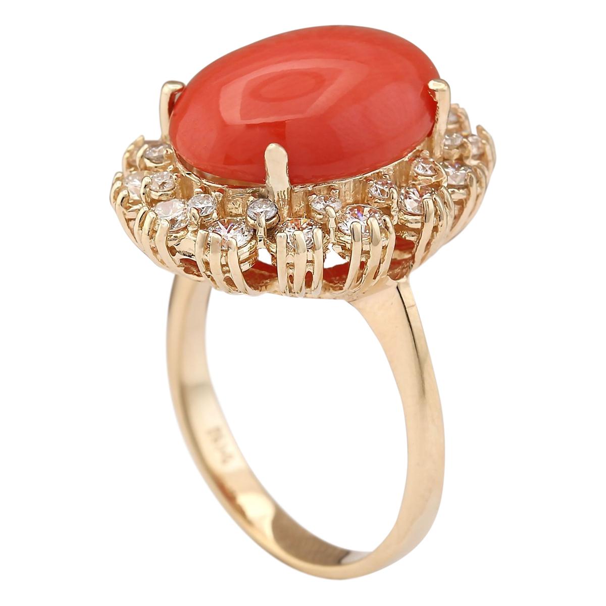 7.98 Carat Natural Coral 18 Karat Yellow Gold Diamond Ring In New Condition In Los Angeles, CA