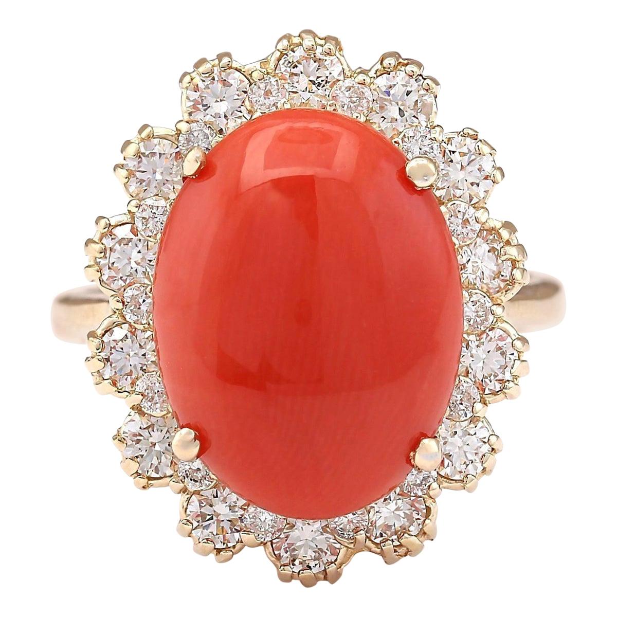 7.98 Carat Natural Coral 18 Karat Yellow Gold Diamond Ring