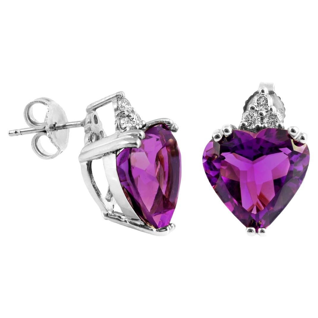 Natural Amethyst 7.98 Carats set in 14K White Gold Earrings with Diamonds For Sale