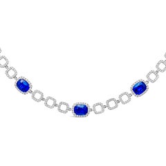 11.10 Carats Total Cushion Cut Sapphire & Round Diamond Necklace in White Gold