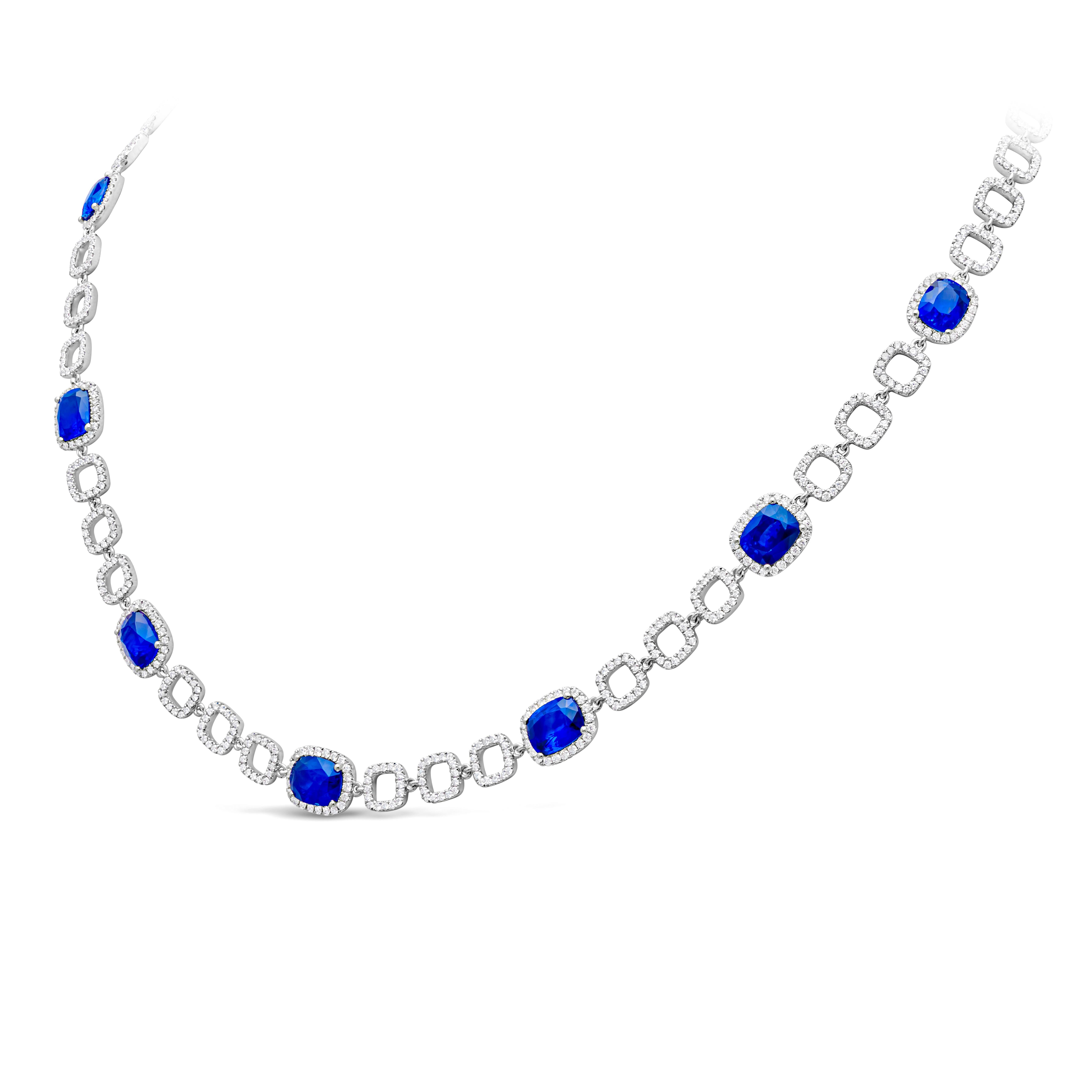 7,98 Karat insgesamt blauer Saphir im Kissenschliff & runder Diamant Tennis-Halskette (Zeitgenössisch) im Angebot