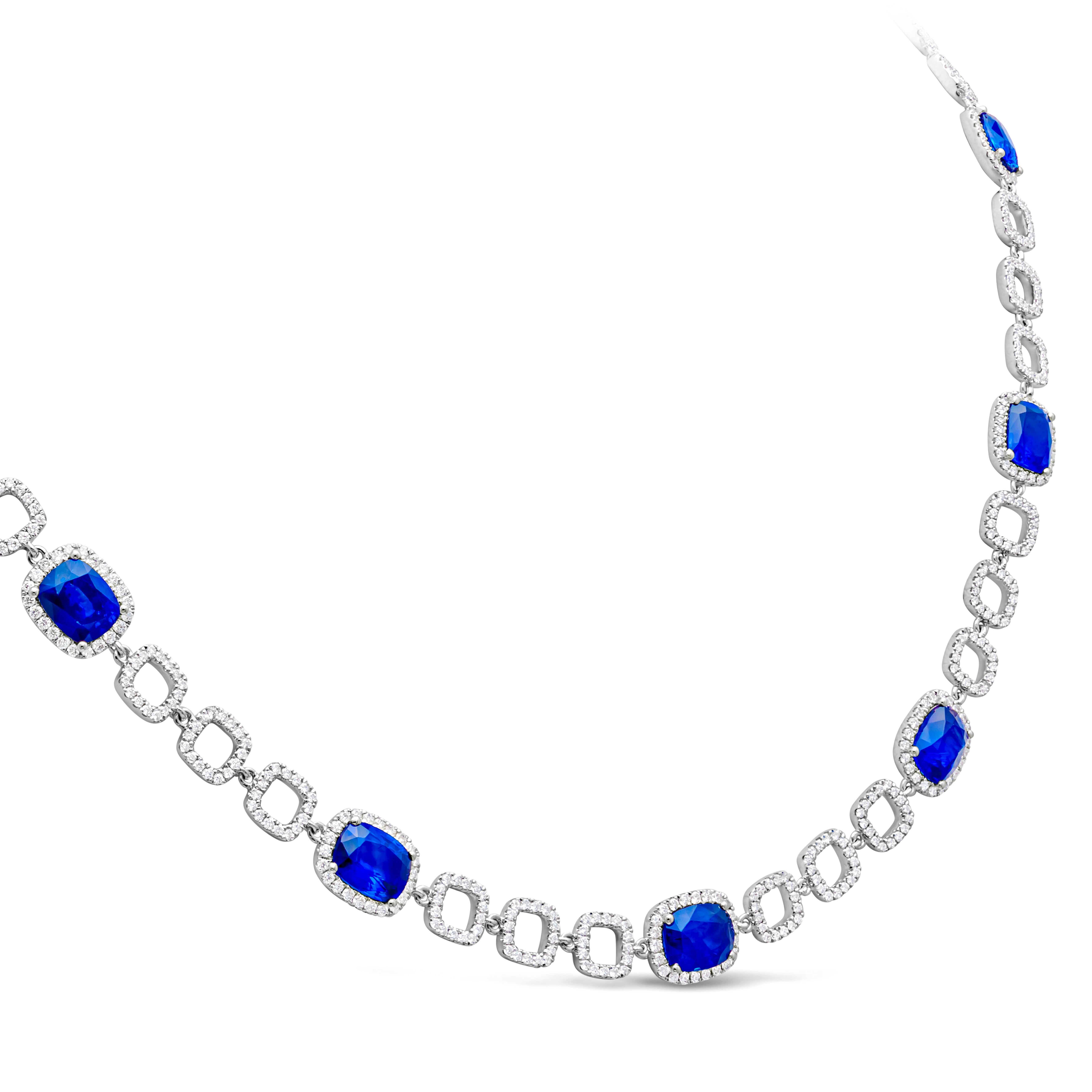 7,98 Karat insgesamt blauer Saphir im Kissenschliff & runder Diamant Tennis-Halskette im Zustand „Neu“ im Angebot in New York, NY