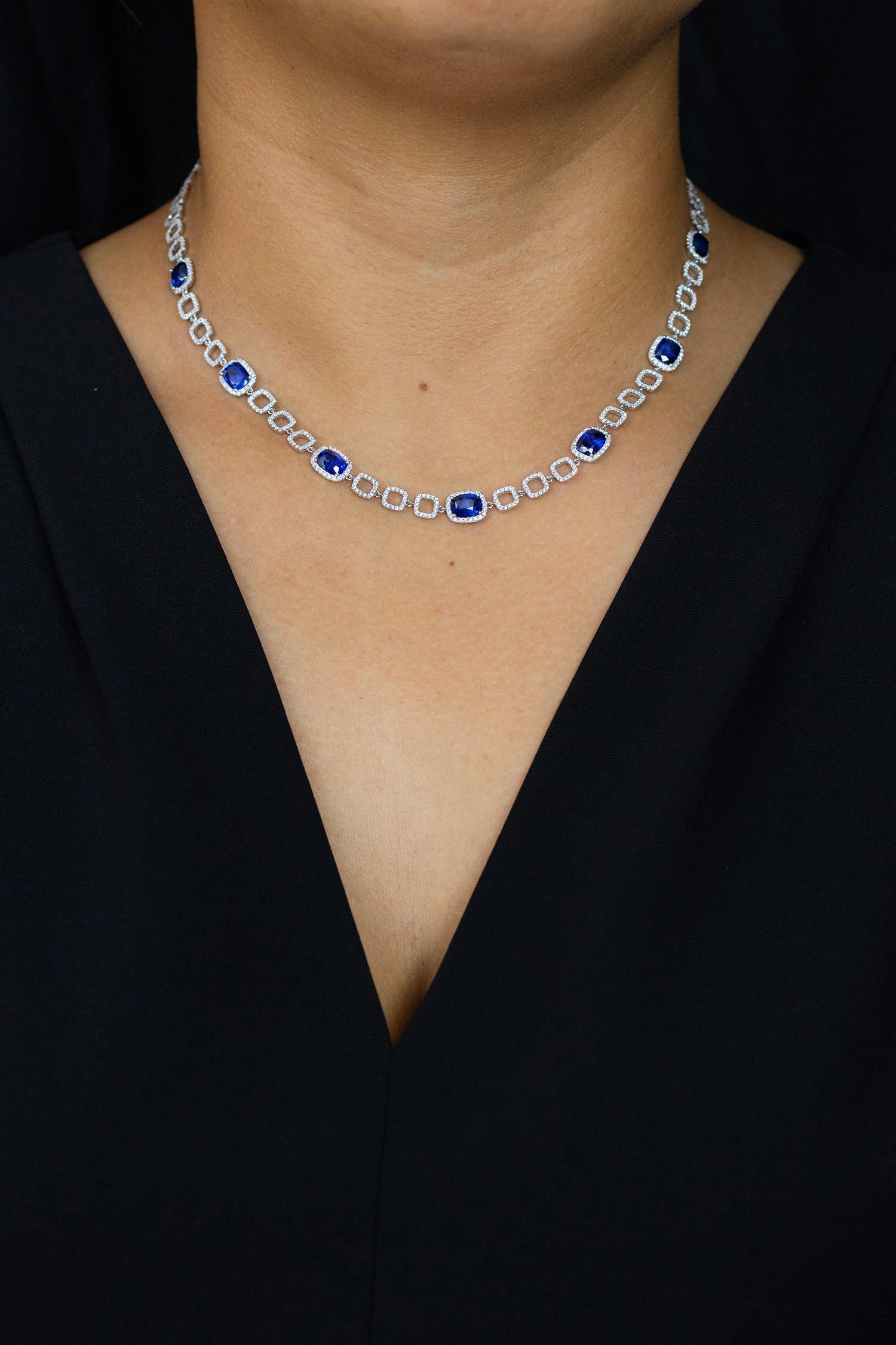 7.98 Carats Total Cushion Cut Blue Sapphire & Round Diamond Tennis Line Necklace In New Condition For Sale In New York, NY