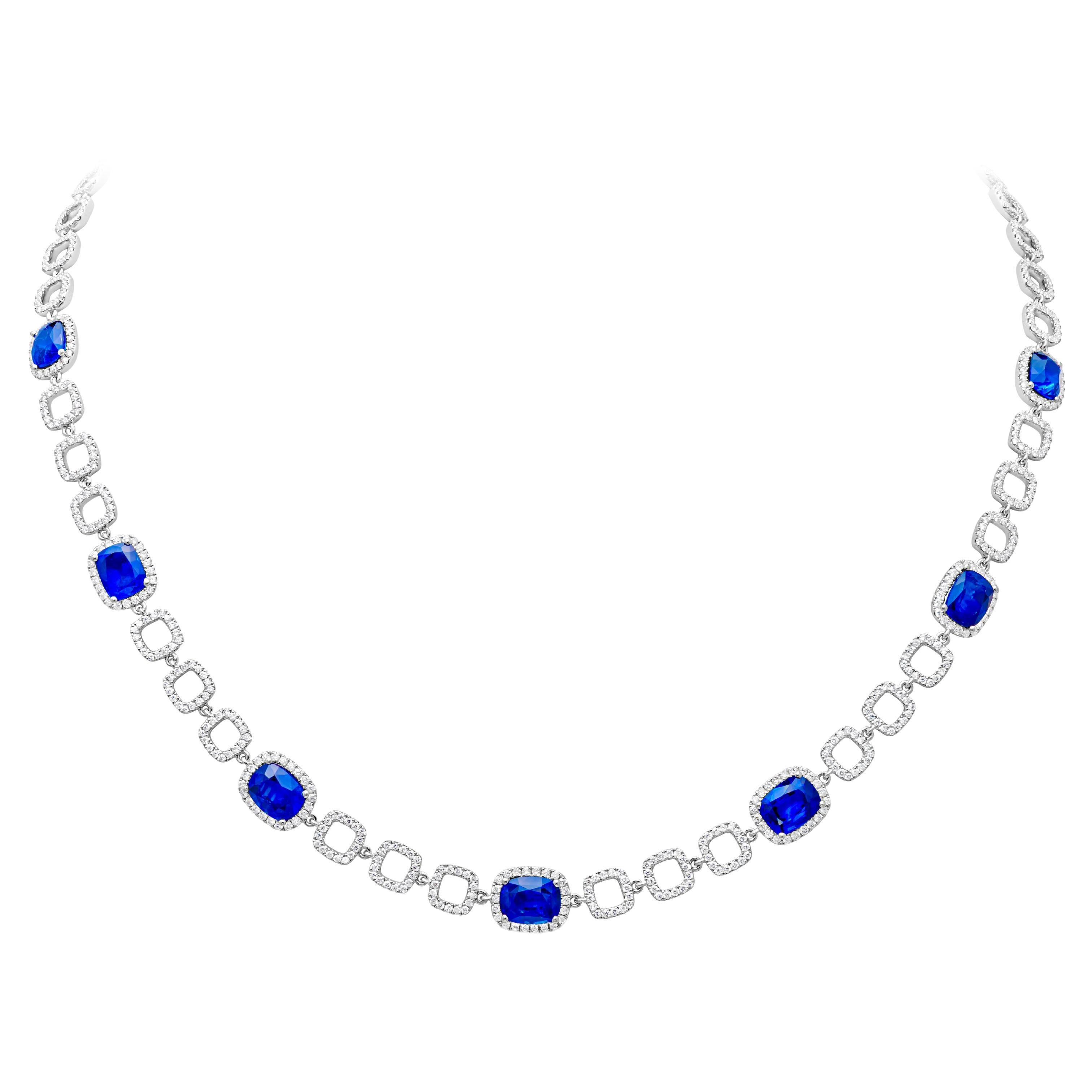 7.98 Carats Total Cushion Cut Blue Sapphire & Round Diamond Tennis Line Necklace