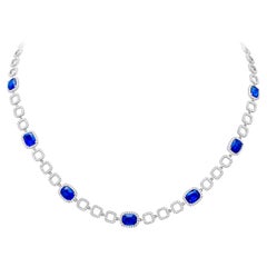 7.98 Carats Total Cushion Cut Blue Sapphire & Round Diamond Tennis Line Necklace