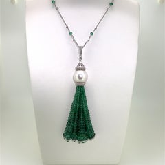79.84 Carat Emerald Pearl & Diamond Tassel Necklace Set on 18 Karat White Gold