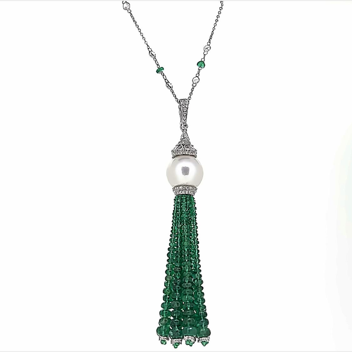 Bead 79.84 Carat Emerald Pearl & Diamond Tassel Necklace Set on 18 Karat White Gold For Sale