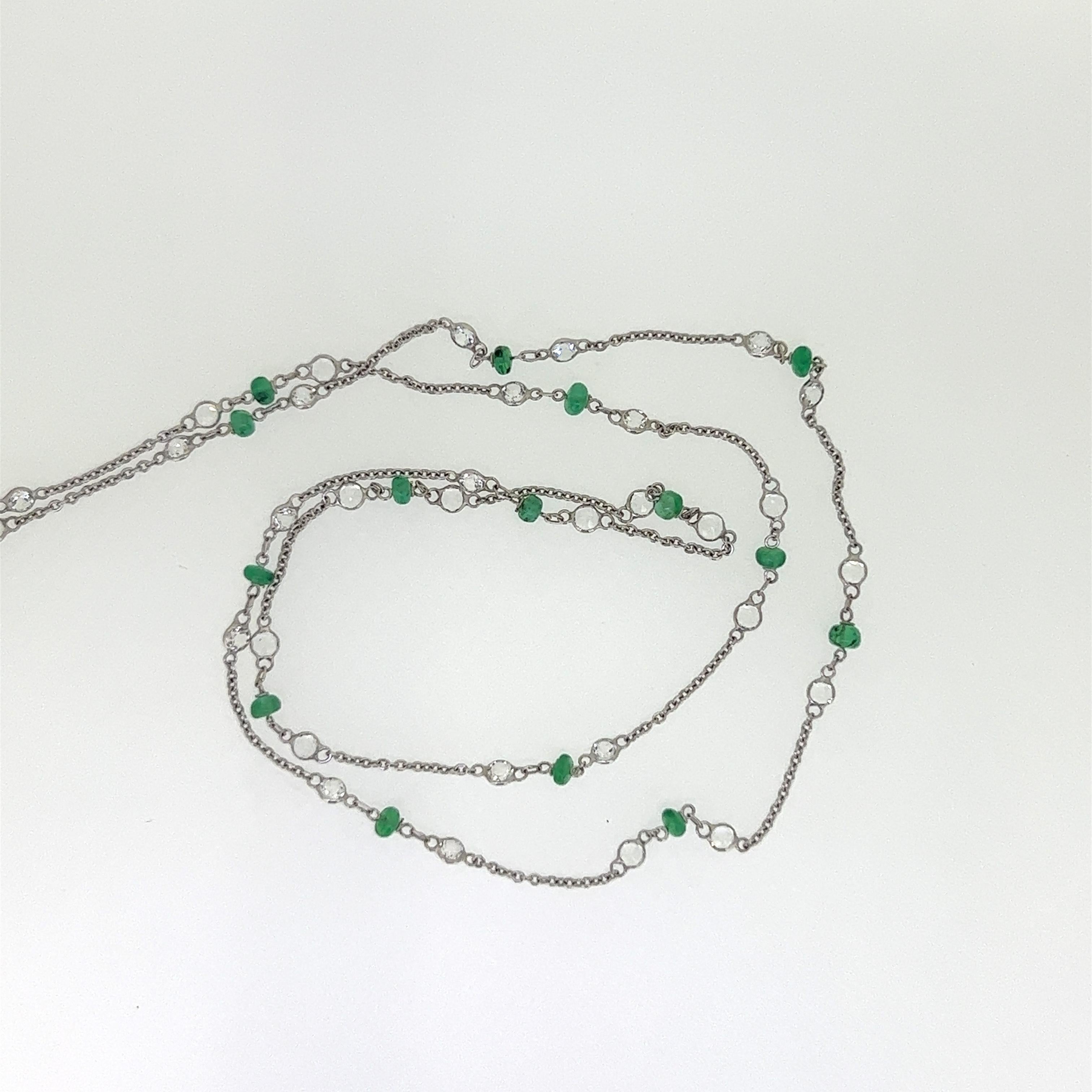 Women's 79.84 Carat Emerald Pearl & Diamond Tassel Necklace Set on 18 Karat White Gold For Sale