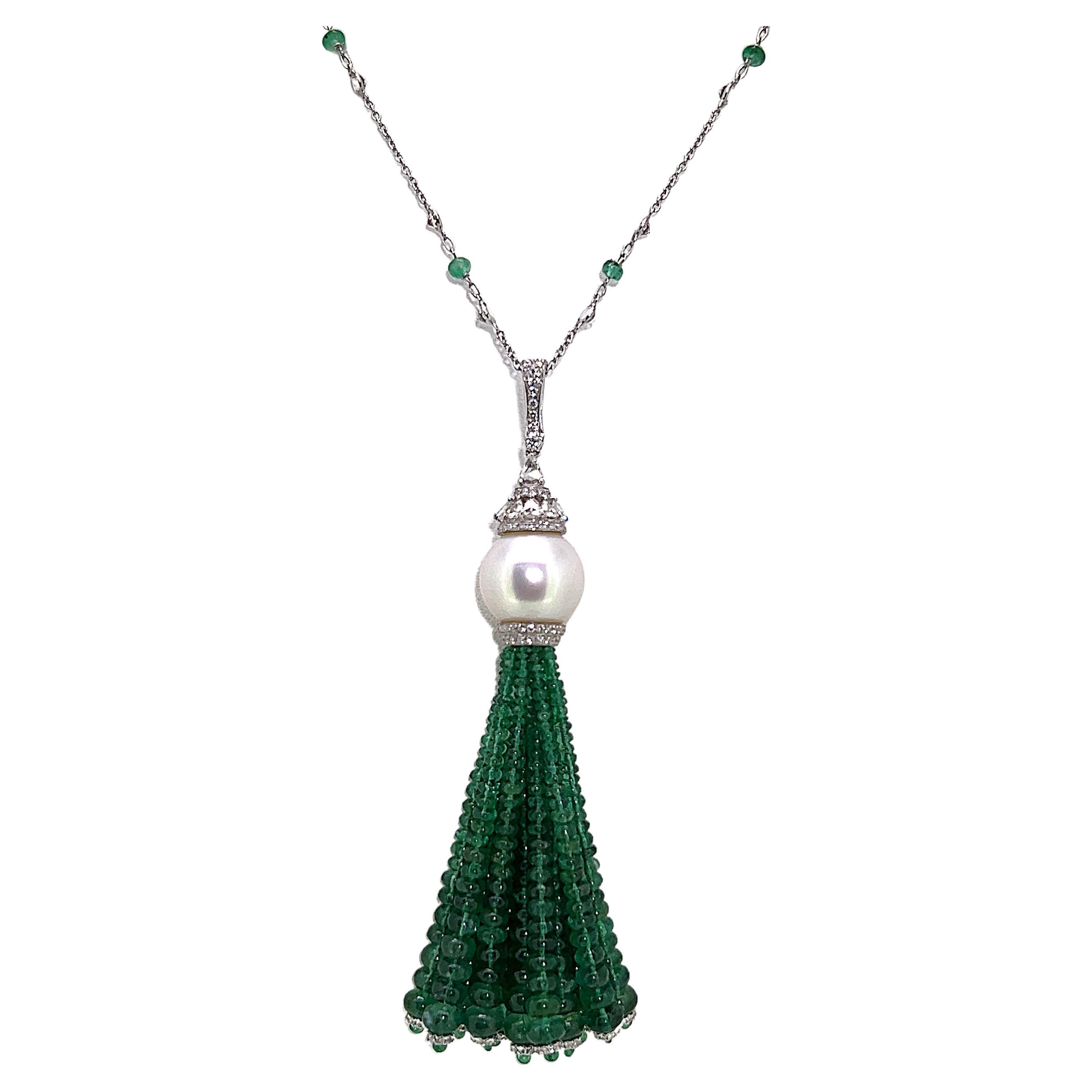 79.84 Carat Emerald Pearl & Diamond Tassel Necklace Set on 18 Karat White Gold For Sale