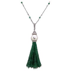 79.84 Carat Emerald Pearl & Diamond Tassel Necklace Set on 18 Karat White Gold