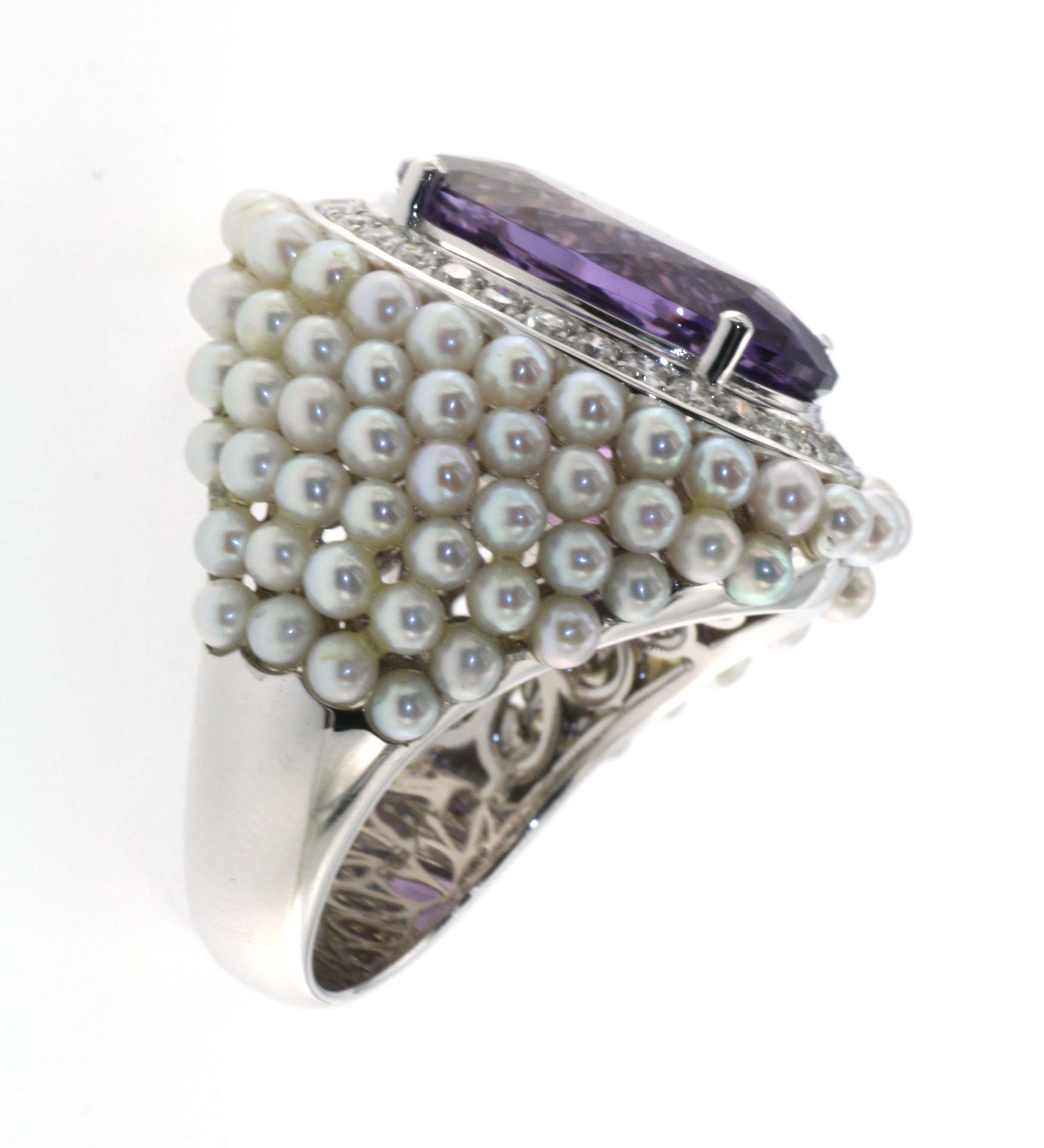 Vintage 7,98 Karat Amethyst-Diamant-Perlen-Cocktailring mit 14k Weißgold (Tropfenschliff)