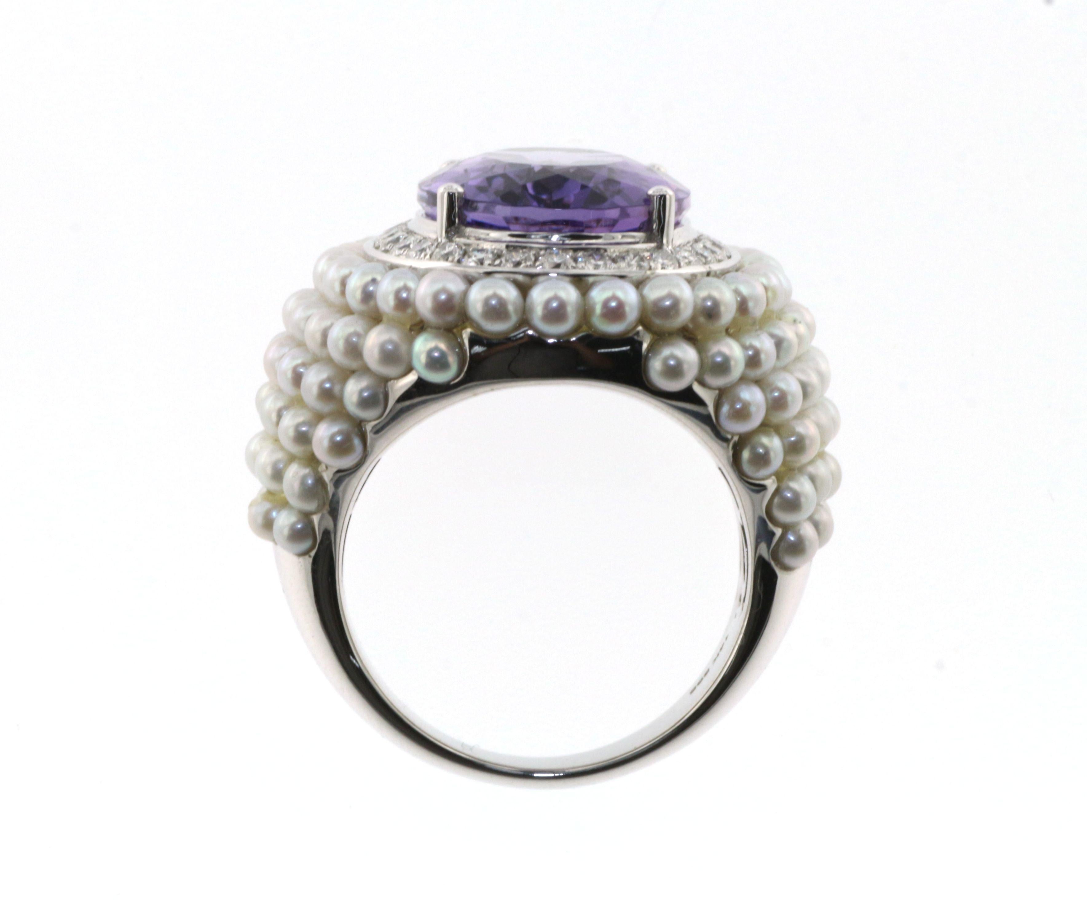 Vintage 7,98 Karat Amethyst-Diamant-Perlen-Cocktailring mit 14k Weißgold im Zustand „Neu“ in Hong Kong, HK