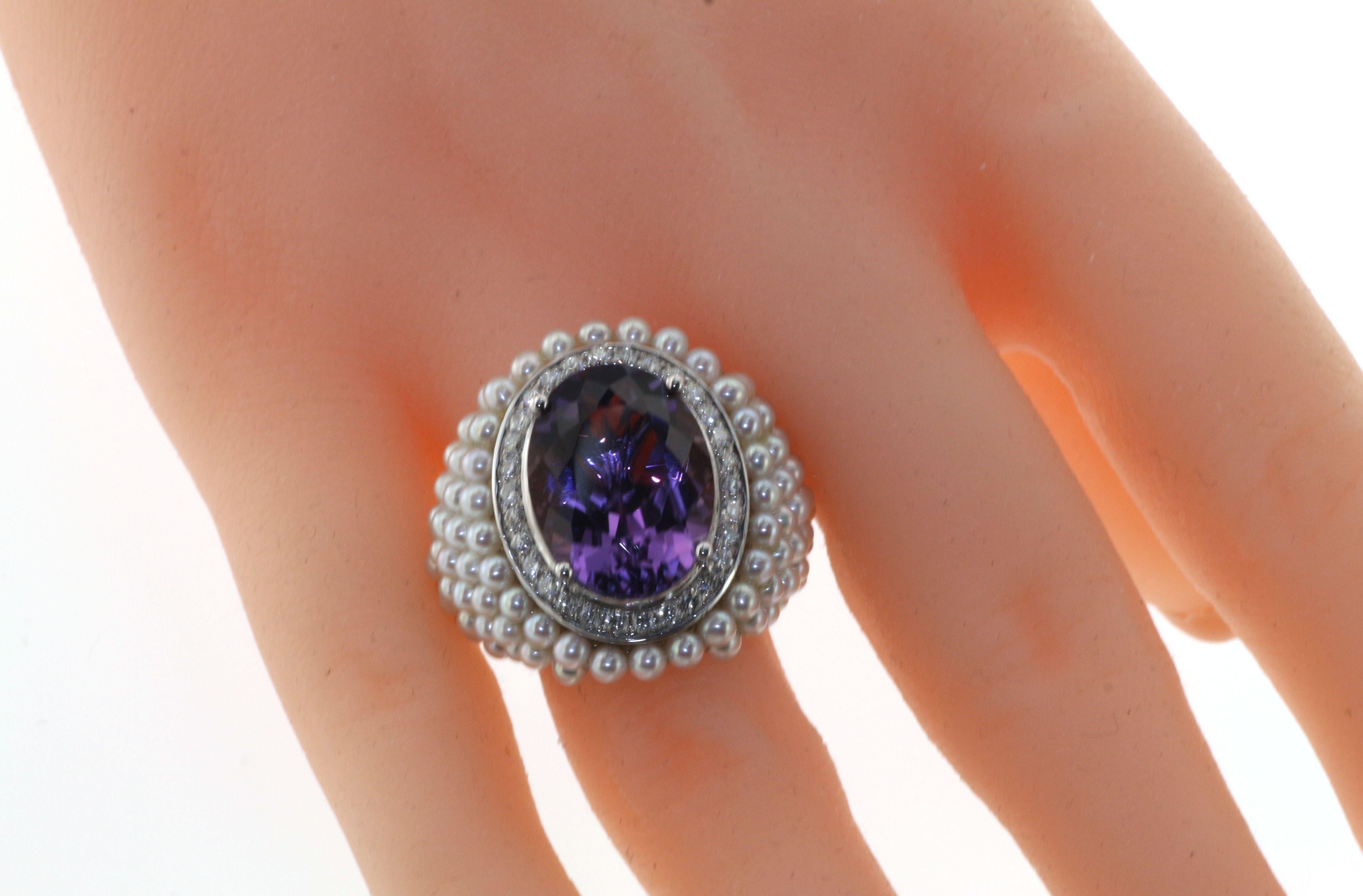 Vintage 7,98 Karat Amethyst-Diamant-Perlen-Cocktailring mit 14k Weißgold Damen