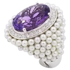  Vintage 7.98 Carat Amethyst Diamond Pearl Cocktail Ring with 14k White Gold