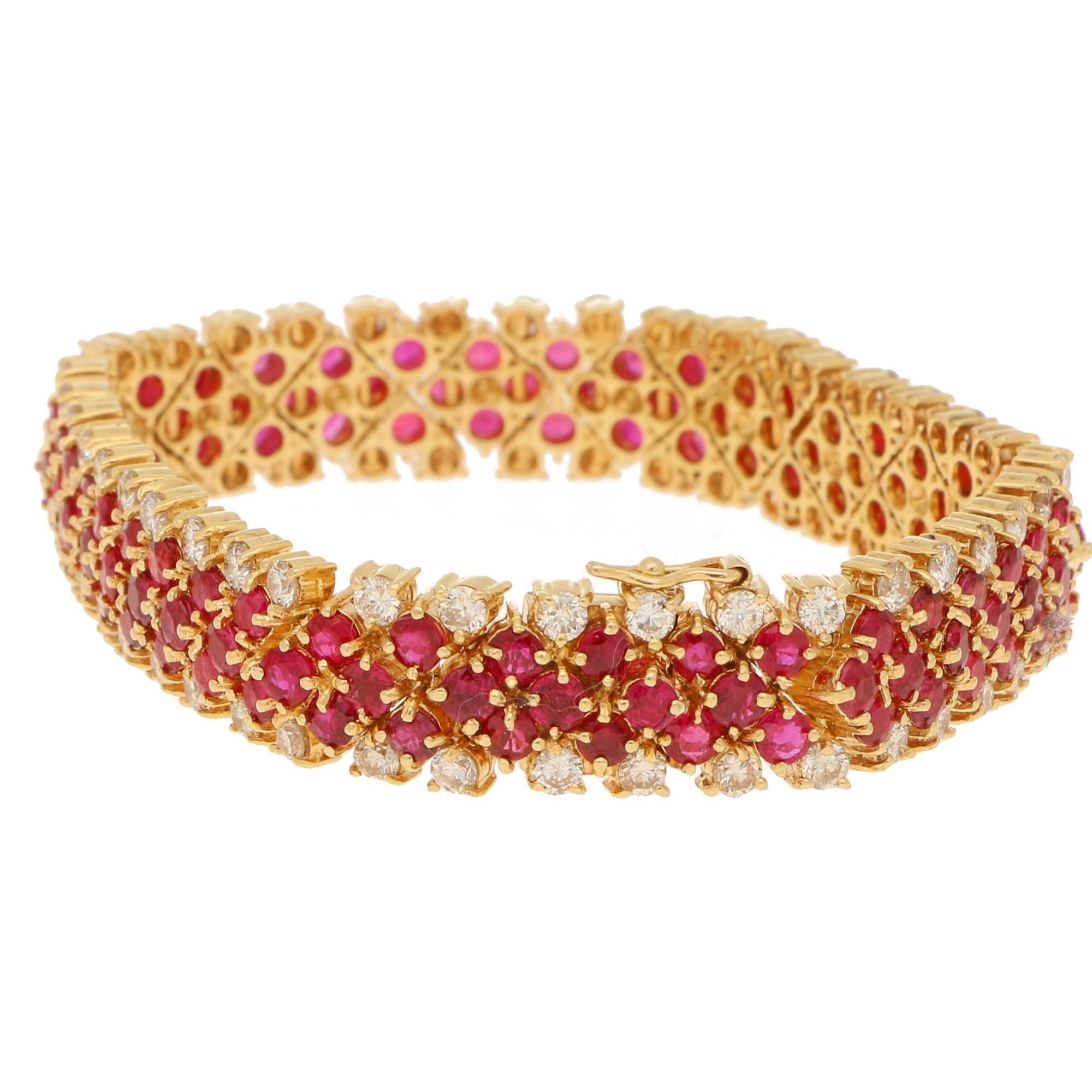 This truly stunning ruby and diamond bracelet features 114 single cut rubies totalling an estimated 7.98 carats and 76 single cut diamonds totalling an estimated 3.8 carats. This bracelet is set in 18 karat yellow gold with a beautifully crafted