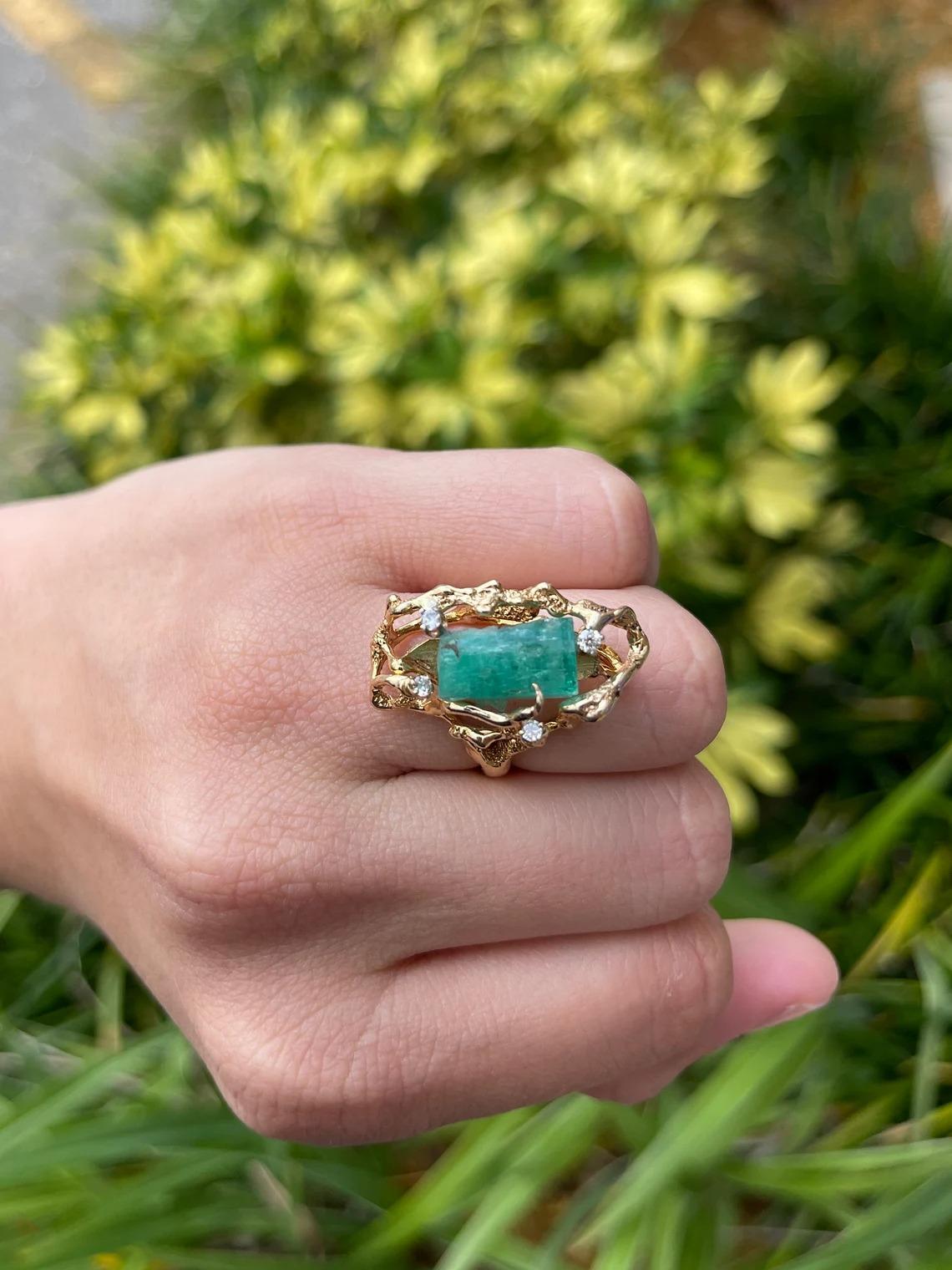 Modern Colombian Emerald 8.98tcw Rough Raw & Diamond Accent 14K Cocktail Ring For Sale